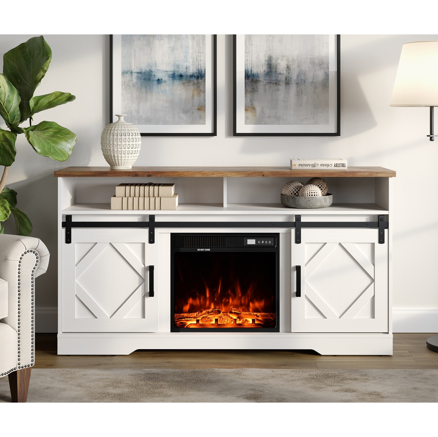 Wampat 65-Inch Electric Fireplace TV Stand with LED Light, Storage Console, Sliding Barn Door, 2 Heating Modes, 5 Brightness Levels - Cream White
