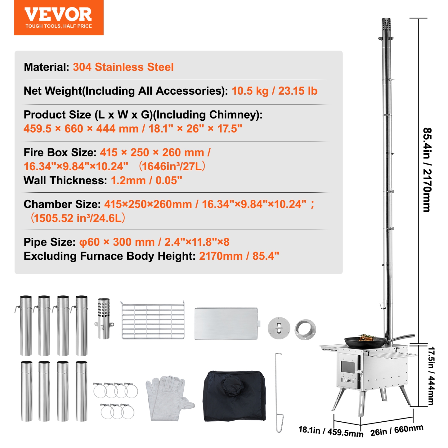 VEVOR 86 inch Wood Stove, Stainless Steel Camping Tent Stove,Portable Wood Burning Stove with Chimney Pipes & Gloves, 1646in³Firebox Hot Tent Stove