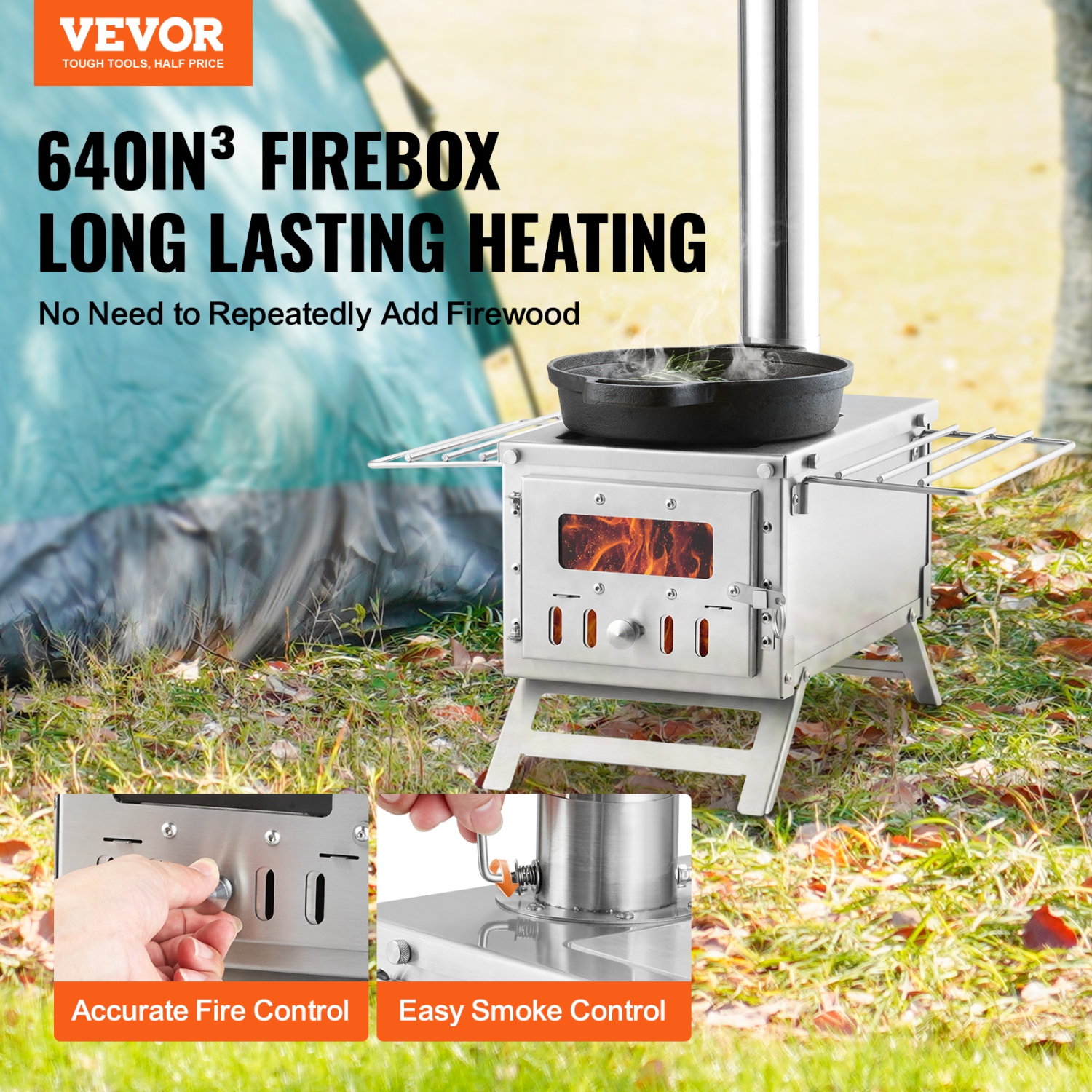 VEVOR 80 inch Wood Stove,Stainless Steel Camping Tent Stove, Portable Wood Burning Stove with Chimney Pipes & Gloves, 700in³Firebox Hot Tent Stove