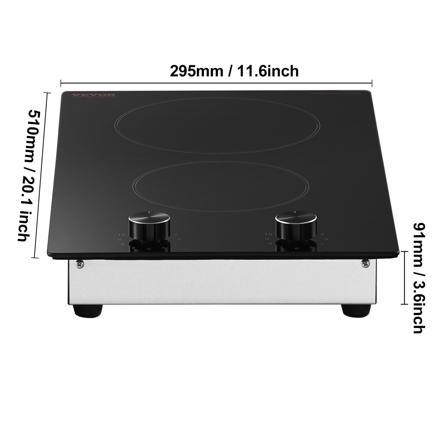 VEVOR 12 inch 2 Burners Built-in Electric Stove Top, 3000W Ceramic Top Radiant Cooktop, with Glass Panel, Knob Control, 11 Heat Levels, 220-240V,