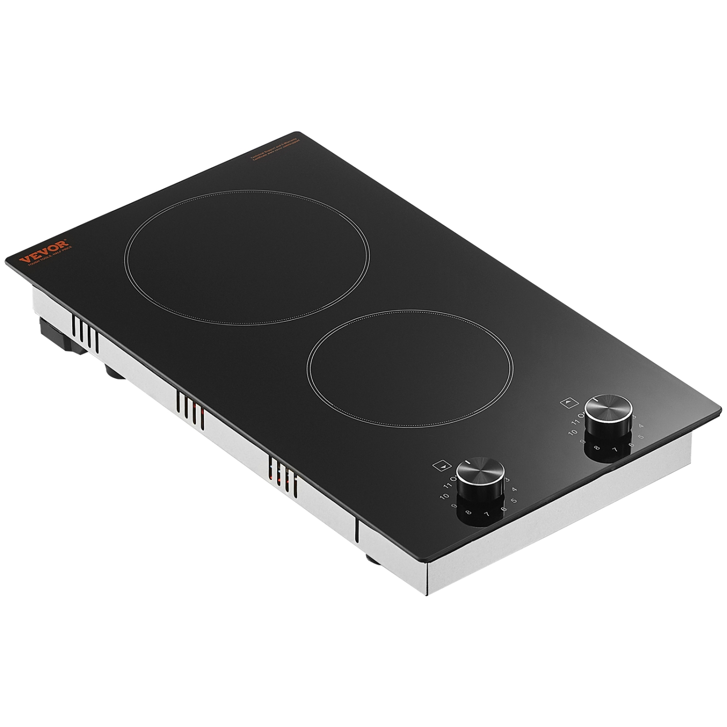 VEVOR 12 inch 2 Burners Built-in Electric Stove Top, 3000W Ceramic Top Radiant Cooktop, with Glass Panel, Knob Control, 11 Heat Levels, 220-240V,