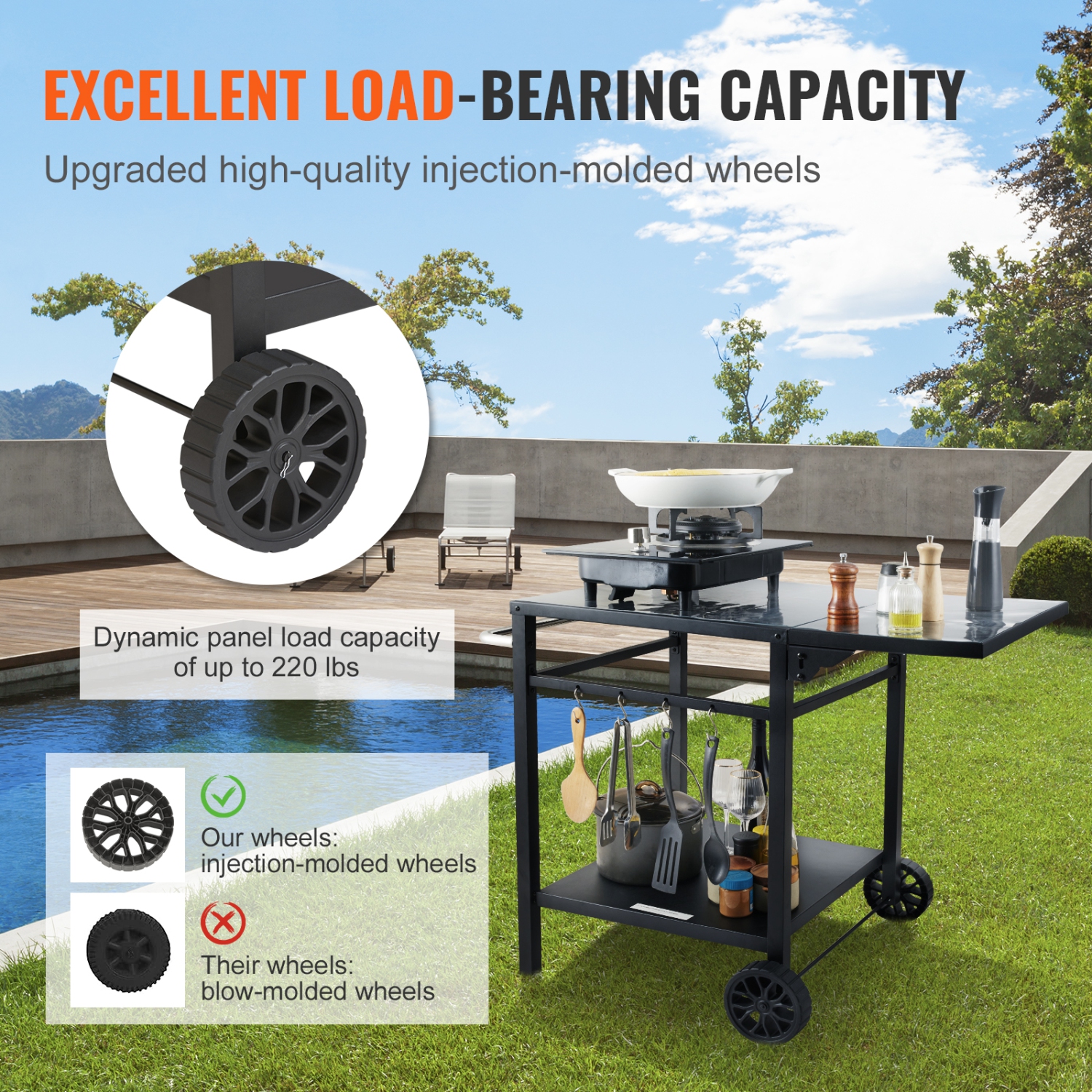 VEVOR 2 Wheels Outdoor Grill Dining Cart with Double-Shelf, BBQ Movable Food Prep Table, Multifunctional Foldable Iron Table Top, Portable Modular