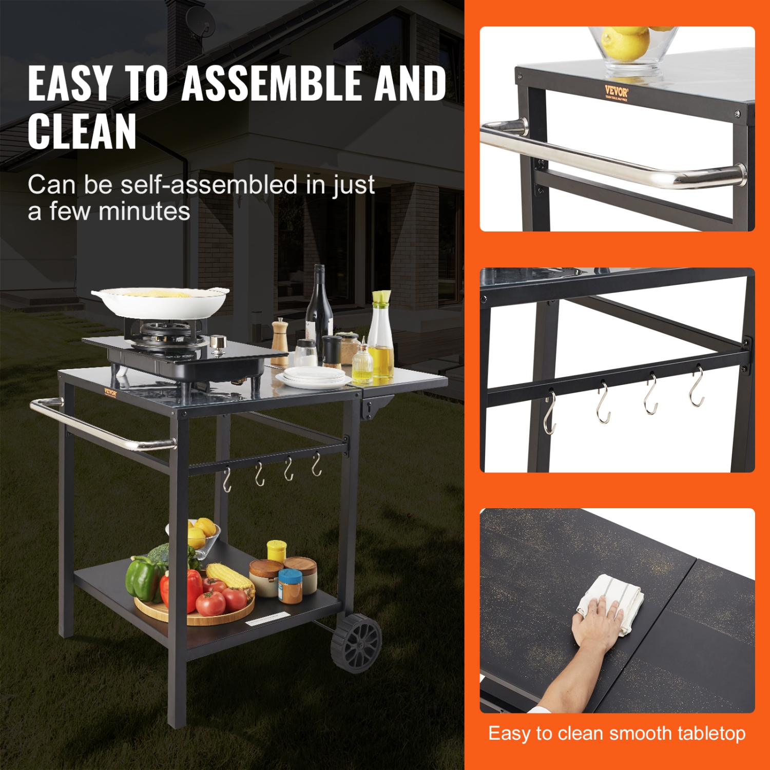 VEVOR 2 Wheels Outdoor Grill Dining Cart with Double-Shelf, BBQ Movable Food Prep Table, Multifunctional Foldable Iron Table Top, Portable Modular