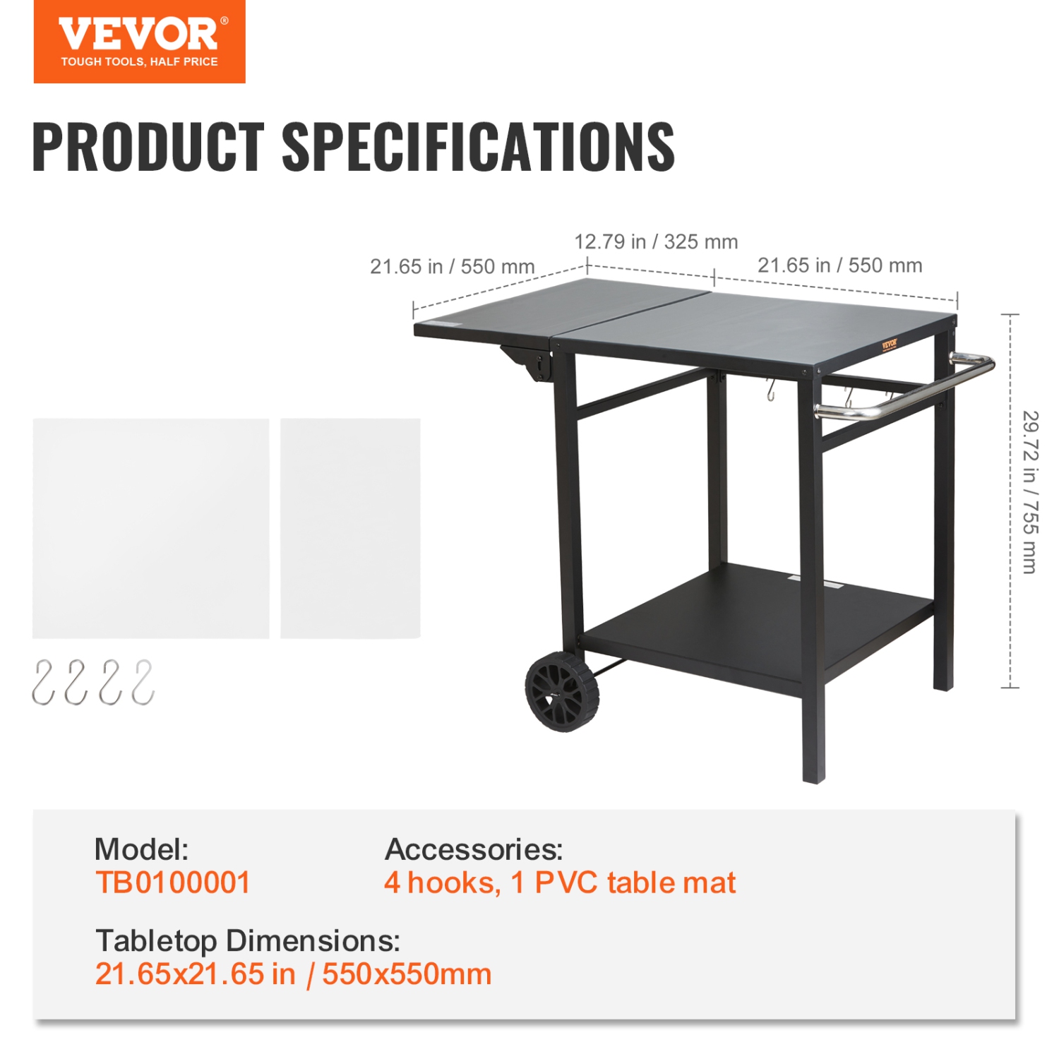 VEVOR 2 Wheels Outdoor Grill Dining Cart with Double-Shelf, BBQ Movable Food Prep Table, Multifunctional Foldable Iron Table Top, Portable Modular