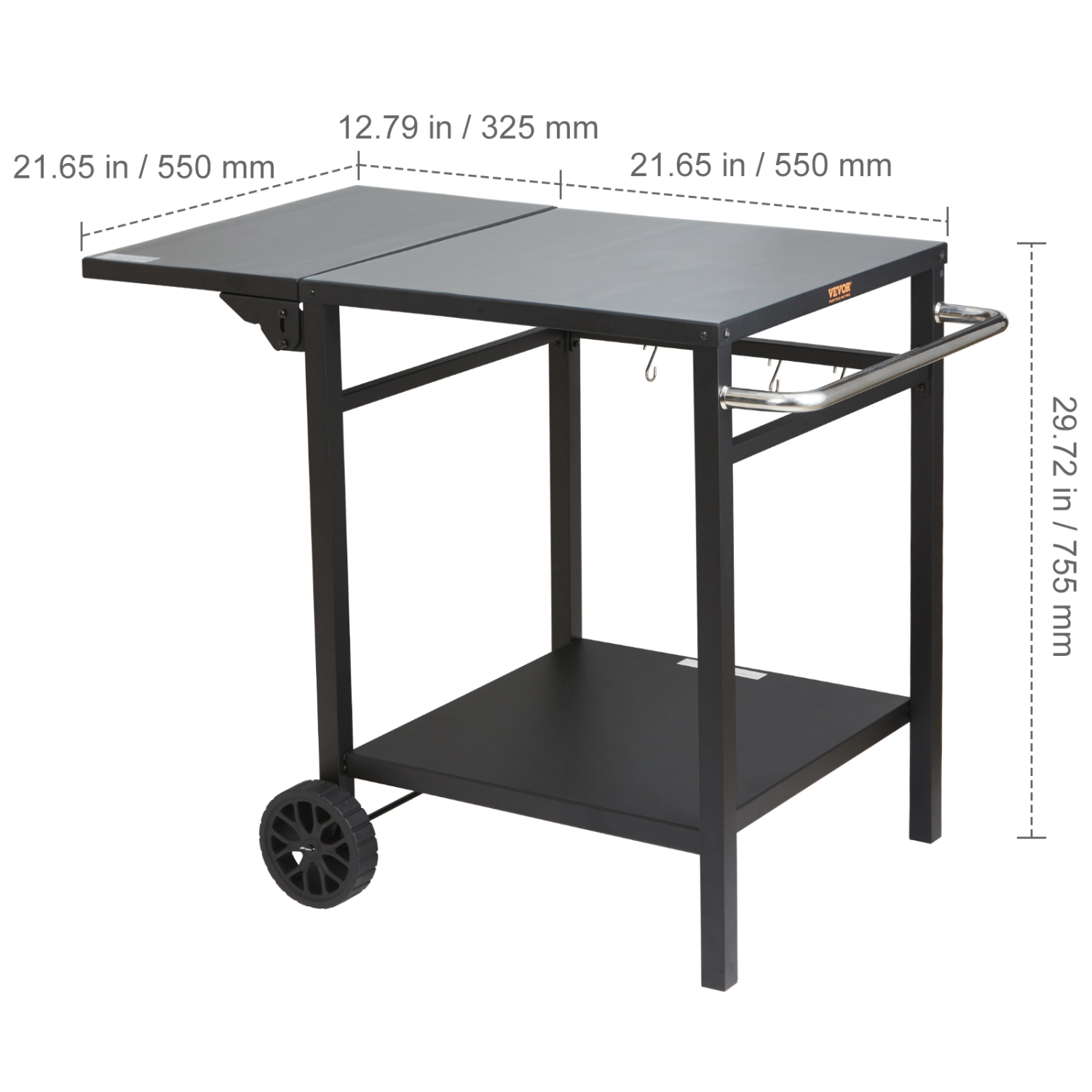 VEVOR 2 Wheels Outdoor Grill Dining Cart with Double-Shelf, BBQ Movable Food Prep Table, Multifunctional Foldable Iron Table Top, Portable Modular