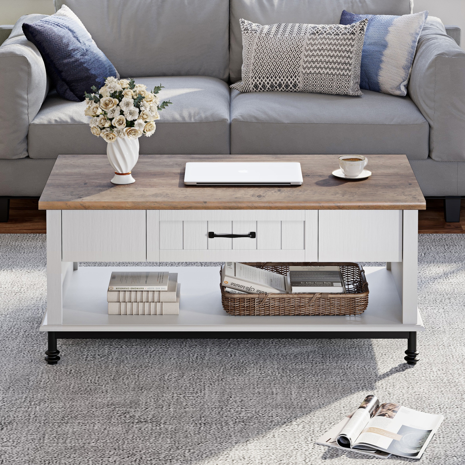 WAMPAT Farmhouse White Coffee Table - Large Rectangle Vintage Center Table with Sliding Drawer & Open Storage Shelf for Living Room, 42" Cream