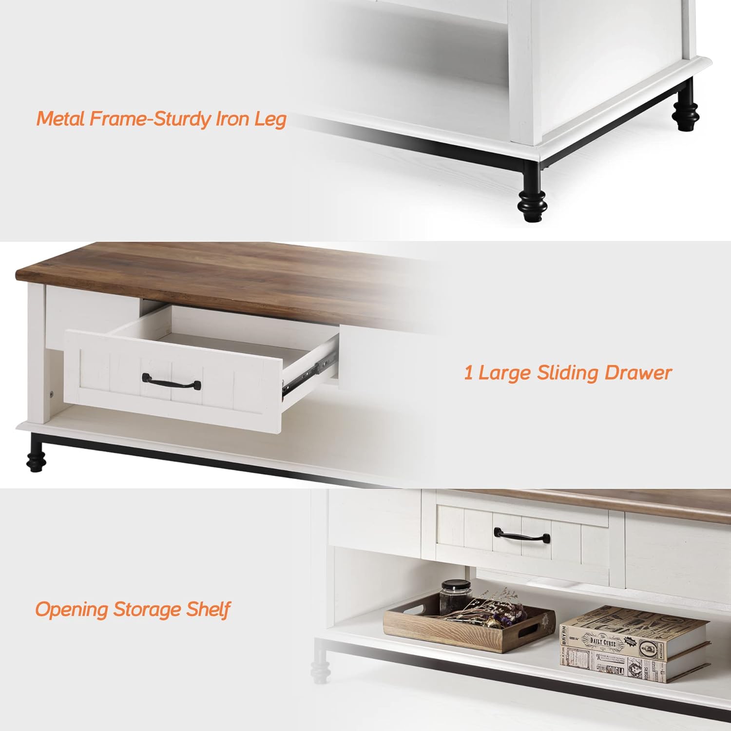 WAMPAT Farmhouse White Coffee Table - Large Rectangle Vintage Center Table with Sliding Drawer & Open Storage Shelf for Living Room, 42" Cream