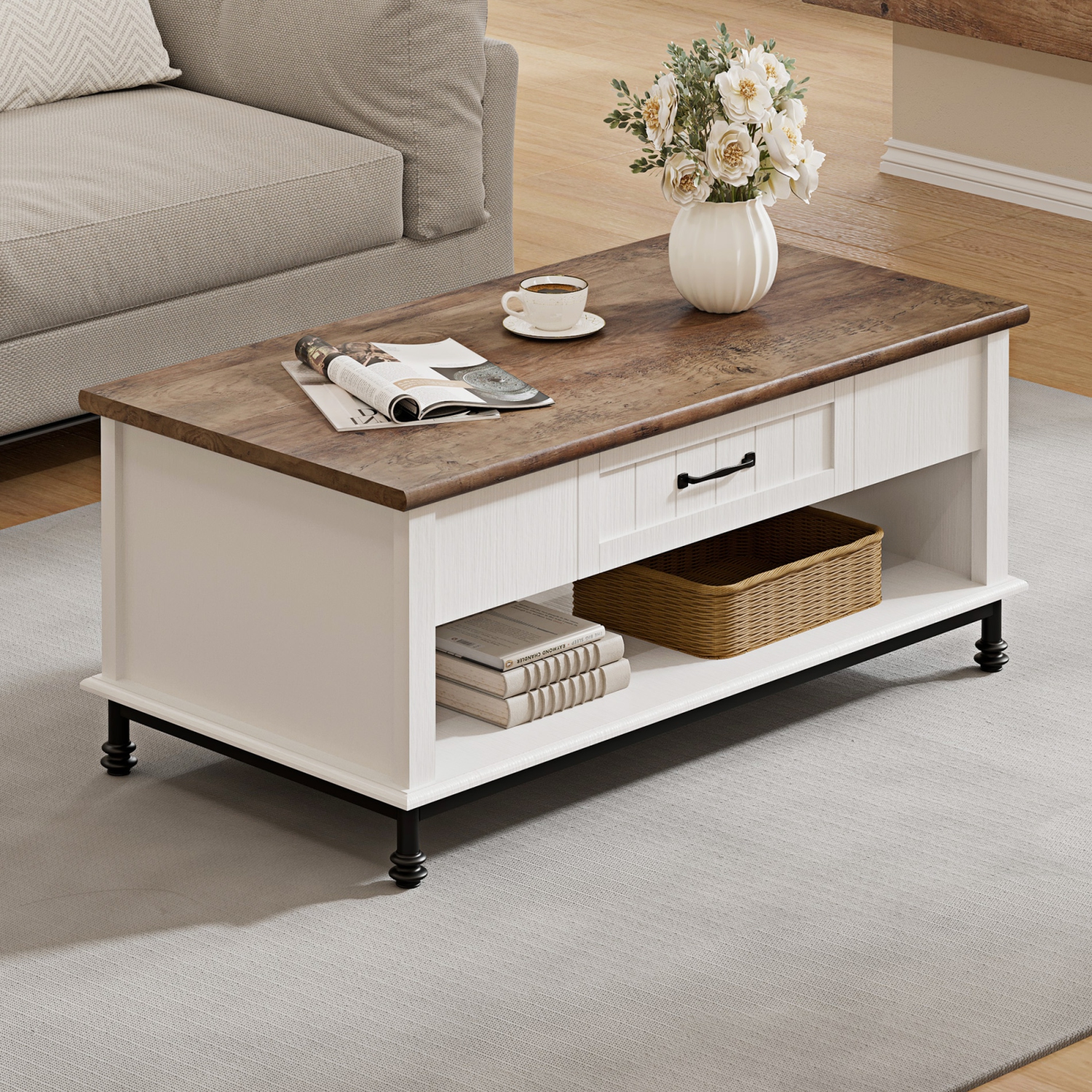 WAMPAT Farmhouse White Coffee Table - Large Rectangle Vintage Center Table with Sliding Drawer & Open Storage Shelf for Living Room, 42" Cream