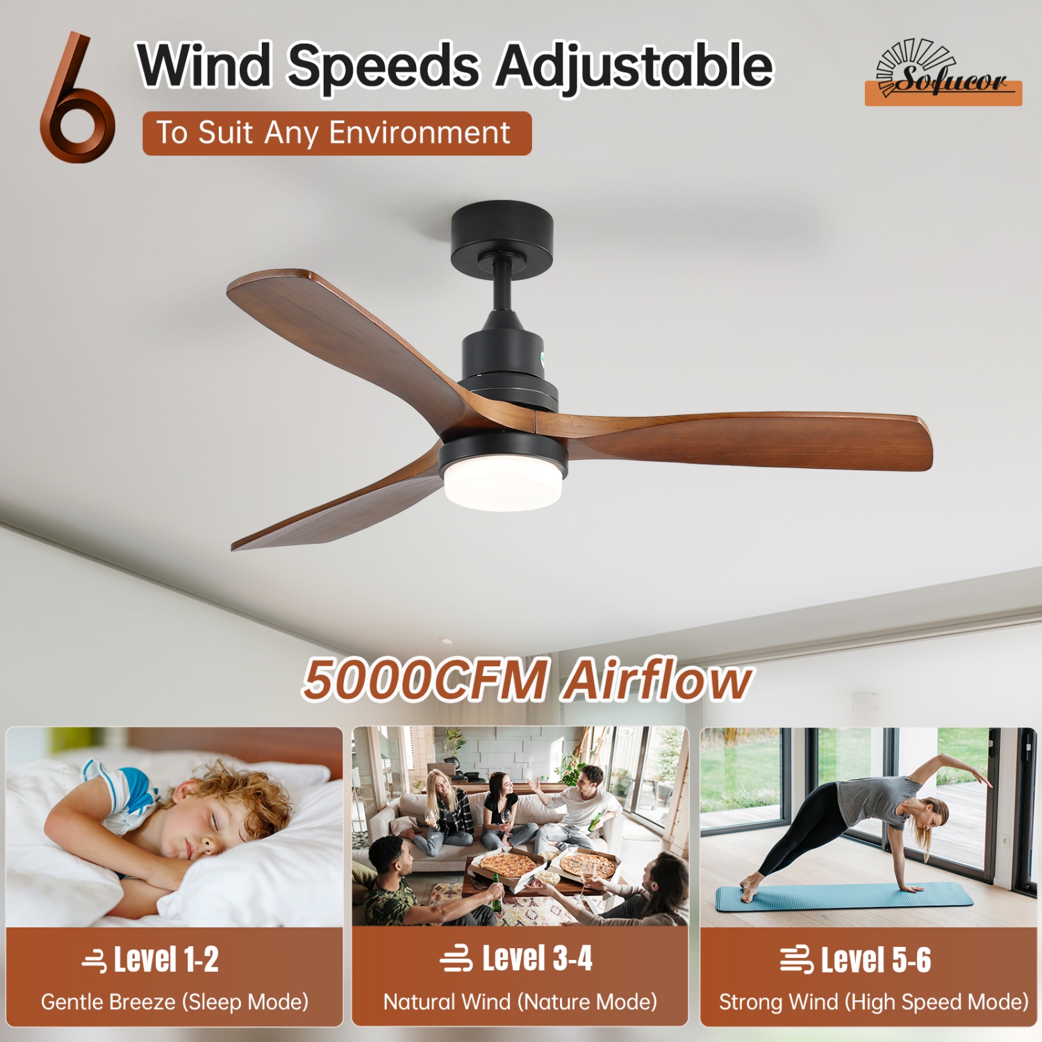 52 Inch High CFM Quiet DC Motor Modern Ceiling Fan with Dimmable LED Lights & Remote Control For Bedroom Farmhouse
