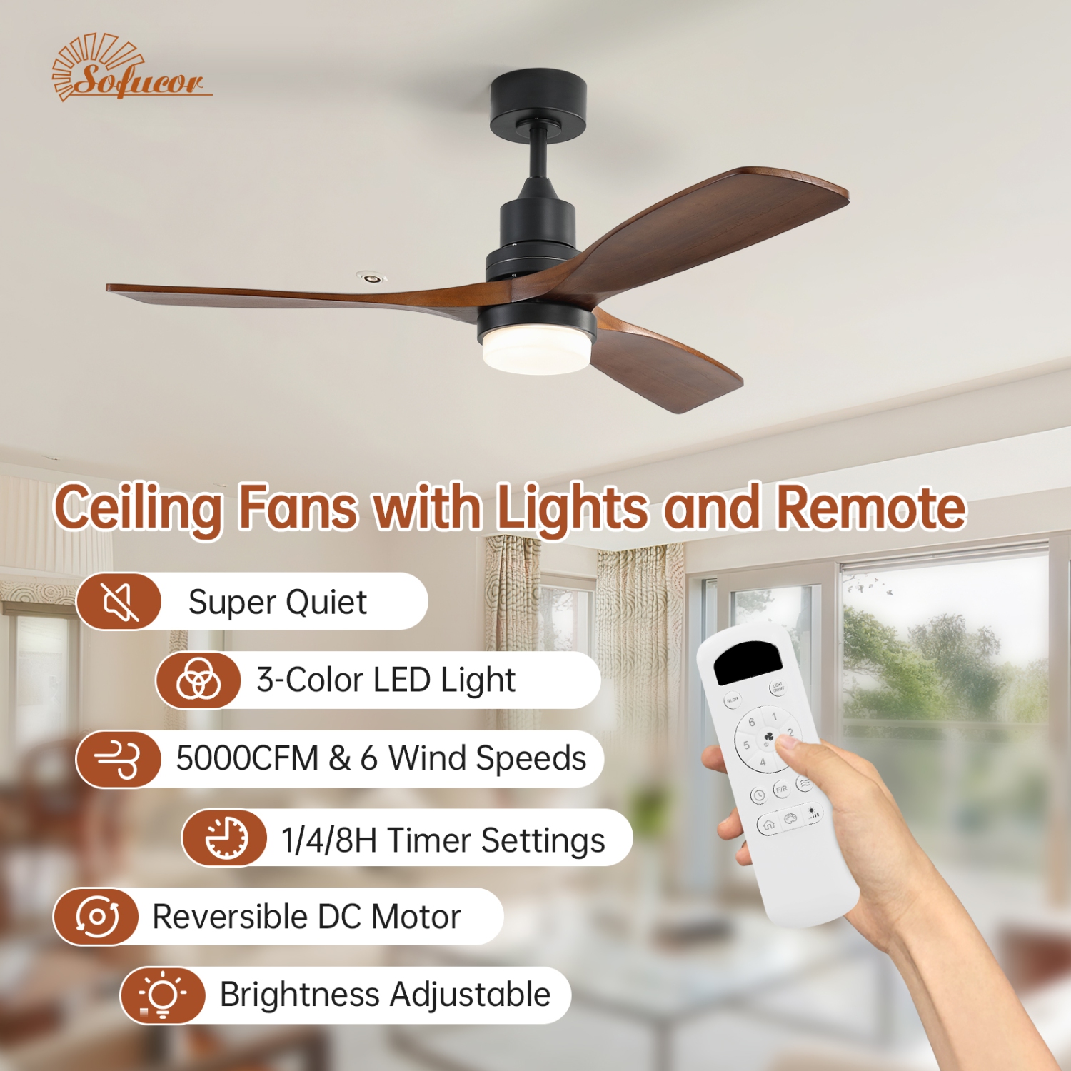 52 Inch High CFM Quiet DC Motor Modern Ceiling Fan with Dimmable LED Lights & Remote Control For Bedroom Farmhouse