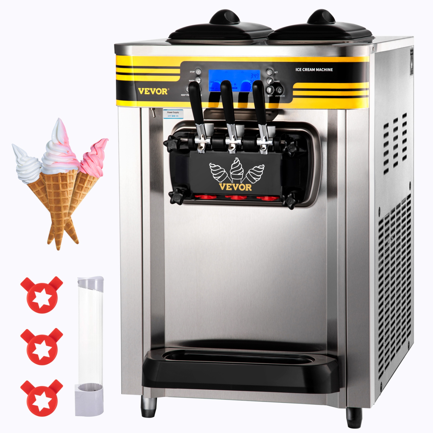 VEVOR 22-30L/H Yield Commercial Ice Cream Maker, 2350W Countertop Soft Serve Machine with 2x6L Hopper 2L Cylinder LCD Panel Puffing Shortage Alarm,