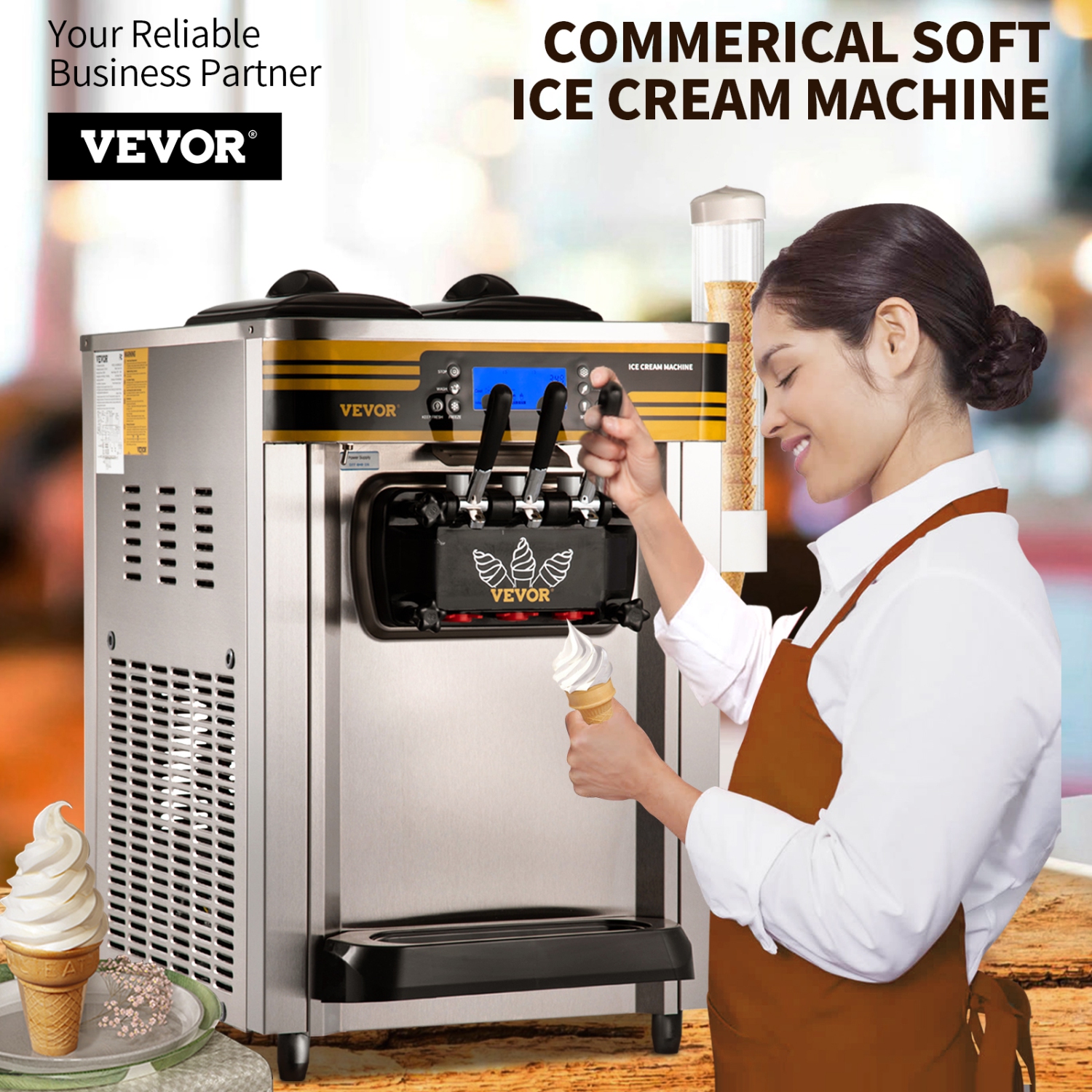 VEVOR 22-30L/H Yield Commercial Ice Cream Maker, 2350W Countertop Soft Serve Machine with 2x6L Hopper 2L Cylinder LCD Panel Puffing Shortage Alarm,