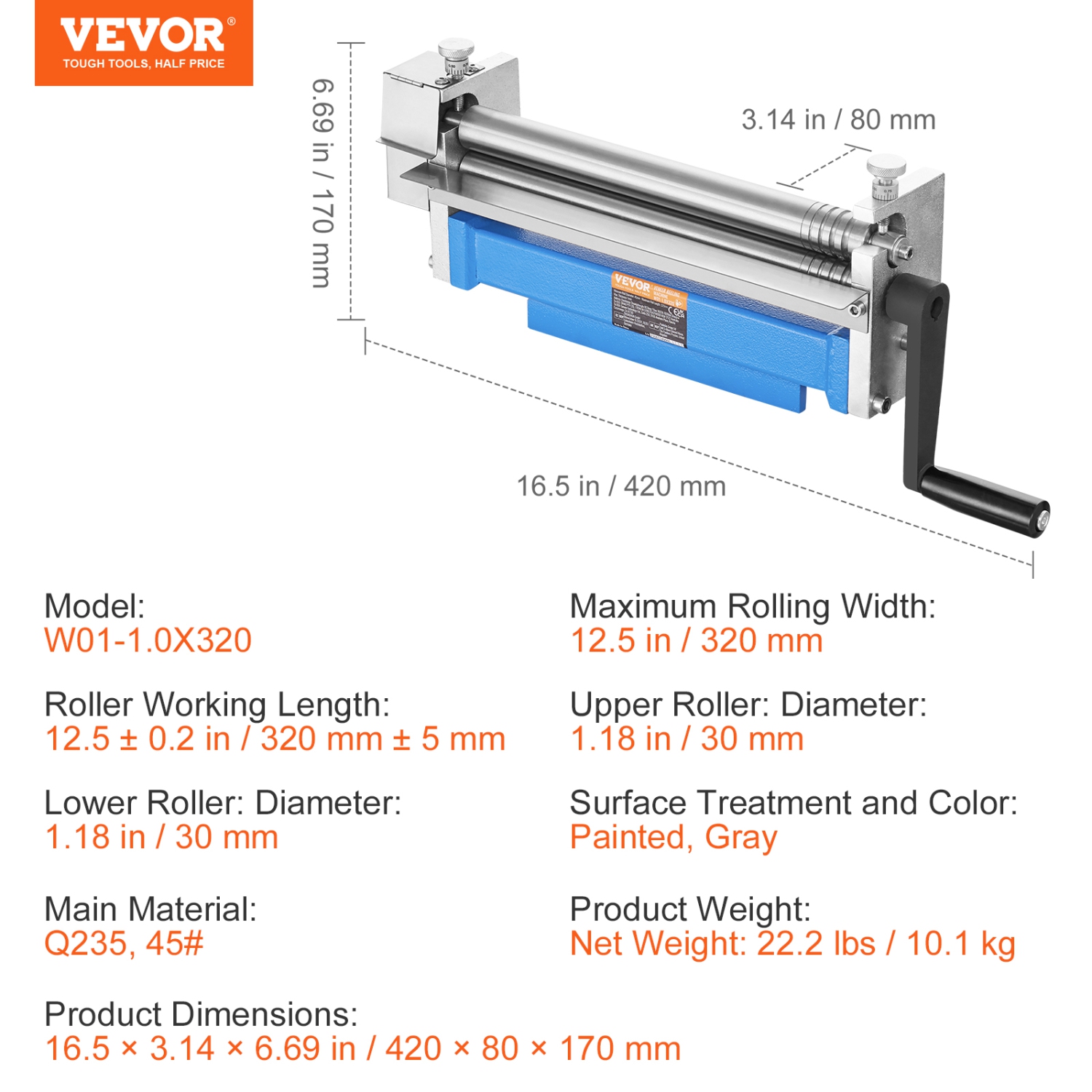 VEVOR 12.6 inches Slip Roll Machine, Forming Width in 20 Gauge Capacity, Sheet Metal Slip Roller Rolling Bending Machine, with 2 Detachable Rollers