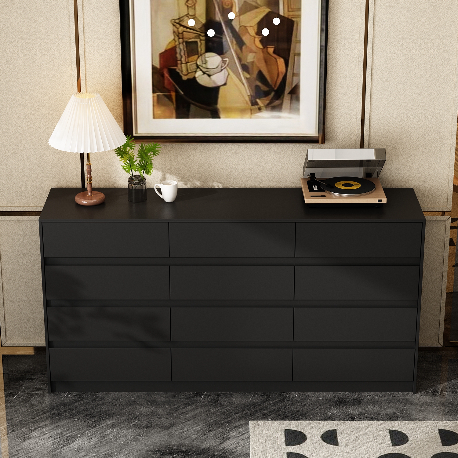 Famapy 12-Drawer Dresser for Bedroom & Living Room, Modern Storage Cabinet with Sleek Finish and Spacious Drawers,(63" W x 15.7" D x 31.9" H), Black