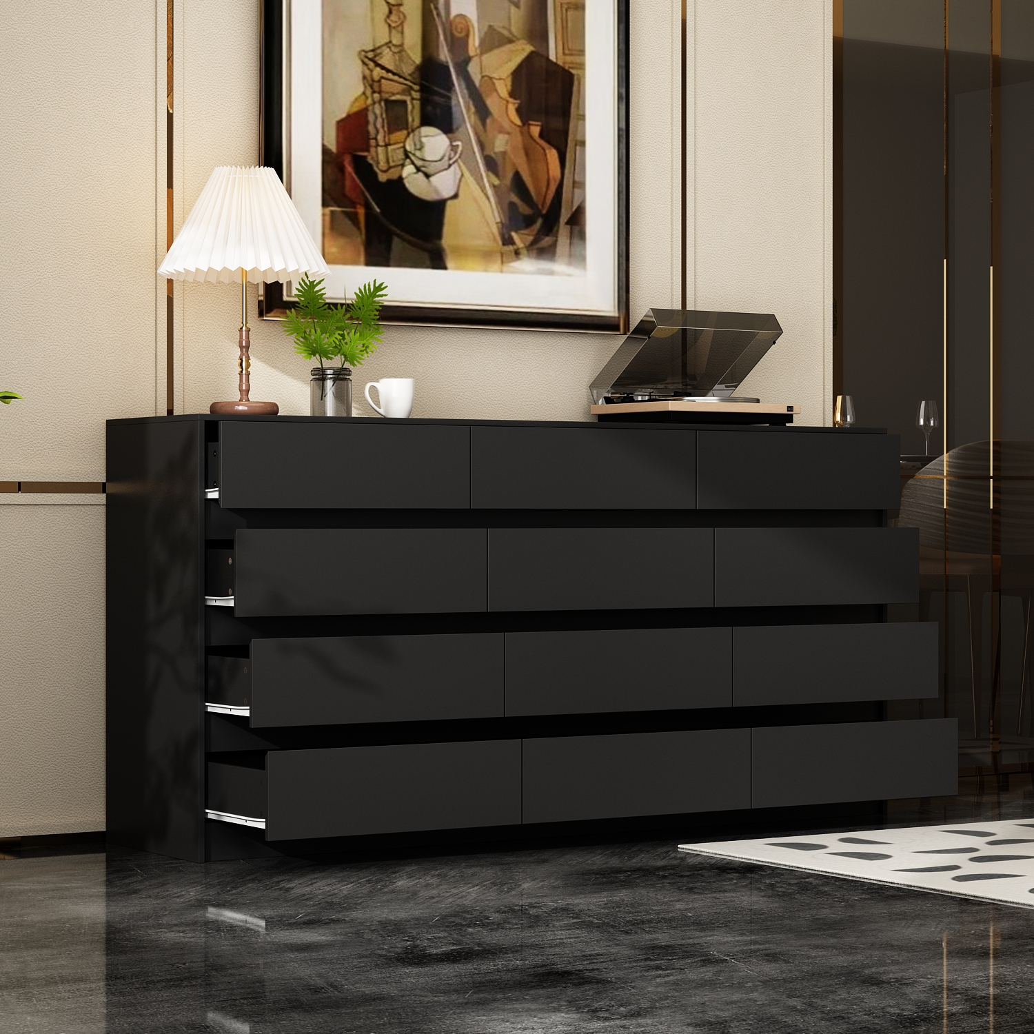 Famapy 12-Drawer Dresser for Bedroom & Living Room, Modern Storage Cabinet with Sleek Finish and Spacious Drawers,(63" W x 15.7" D x 31.9" H), Black