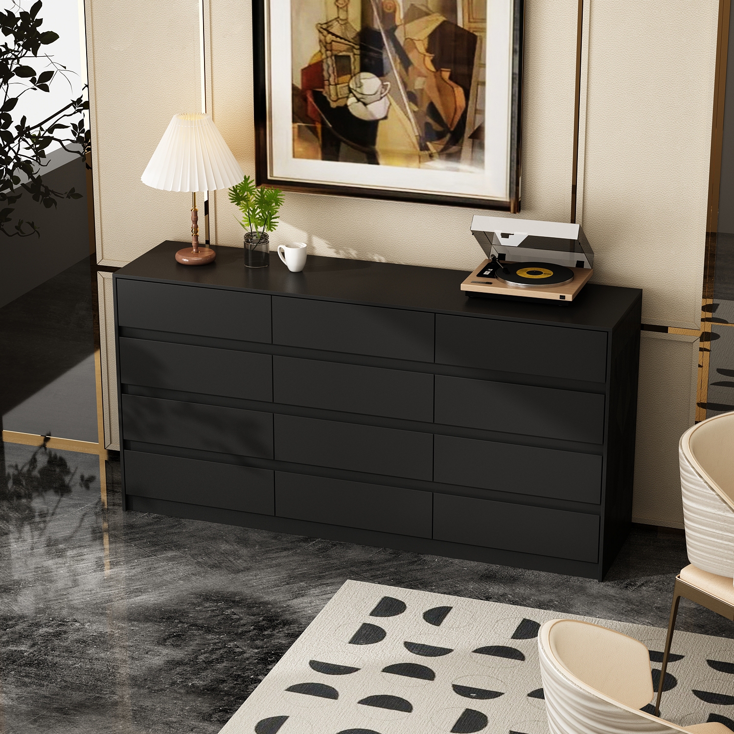 Famapy 12-Drawer Dresser for Bedroom & Living Room, Modern Storage Cabinet with Sleek Finish and Spacious Drawers,(63" W x 15.7" D x 31.9" H), Black