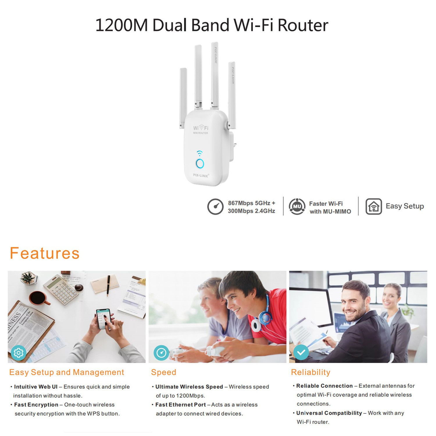 1200Mbps Repetidor WiFi Banda Dupla Sem Fio-AC Roteador WiFi Amplificador AP Extensor 4 Antenas Para Home Office