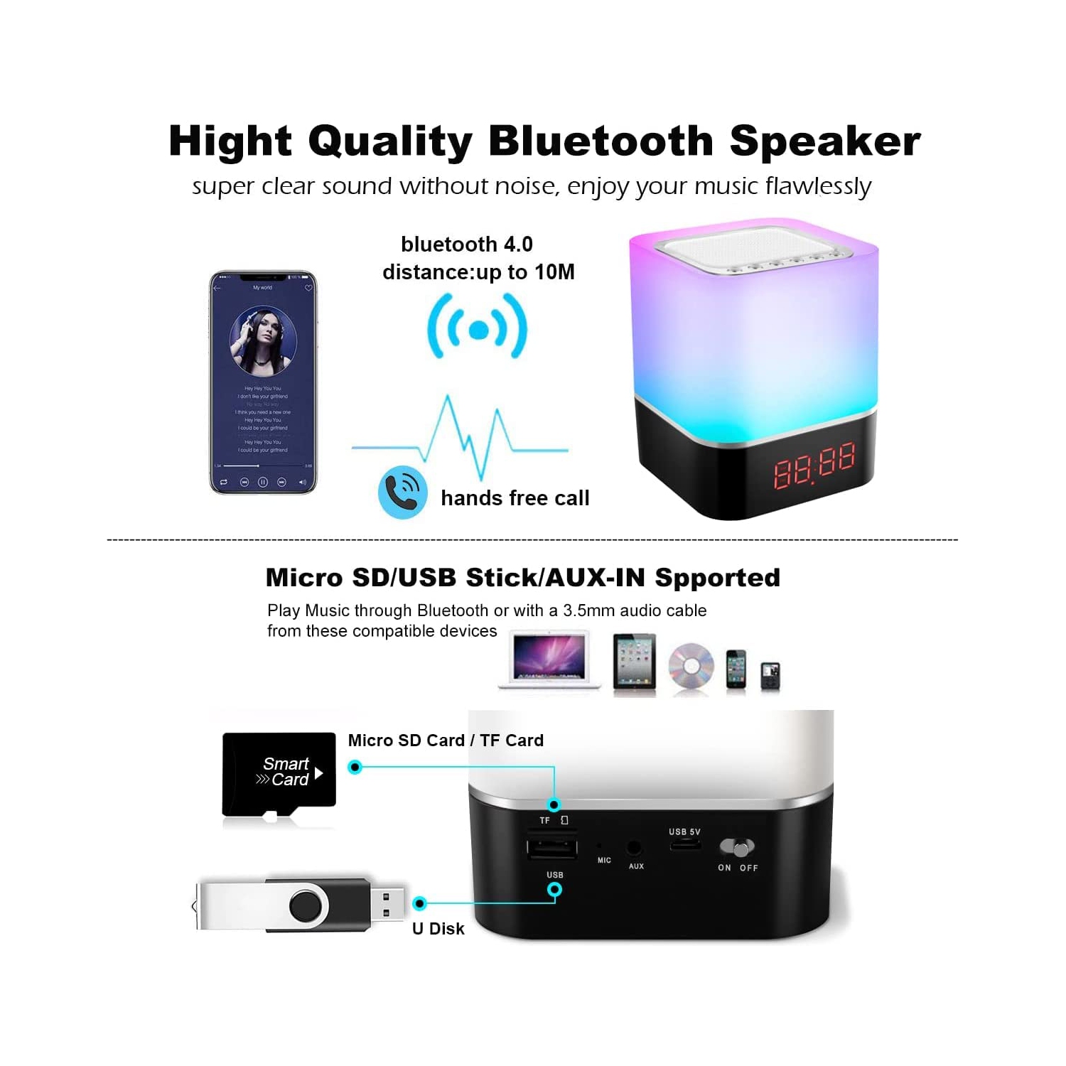 Lampe haut-parleur Bluetooth 5 en 1, veilleuse tactile LED, haut-parleur portatif sans fil Lampe de chevet à couleur changeante, réveil