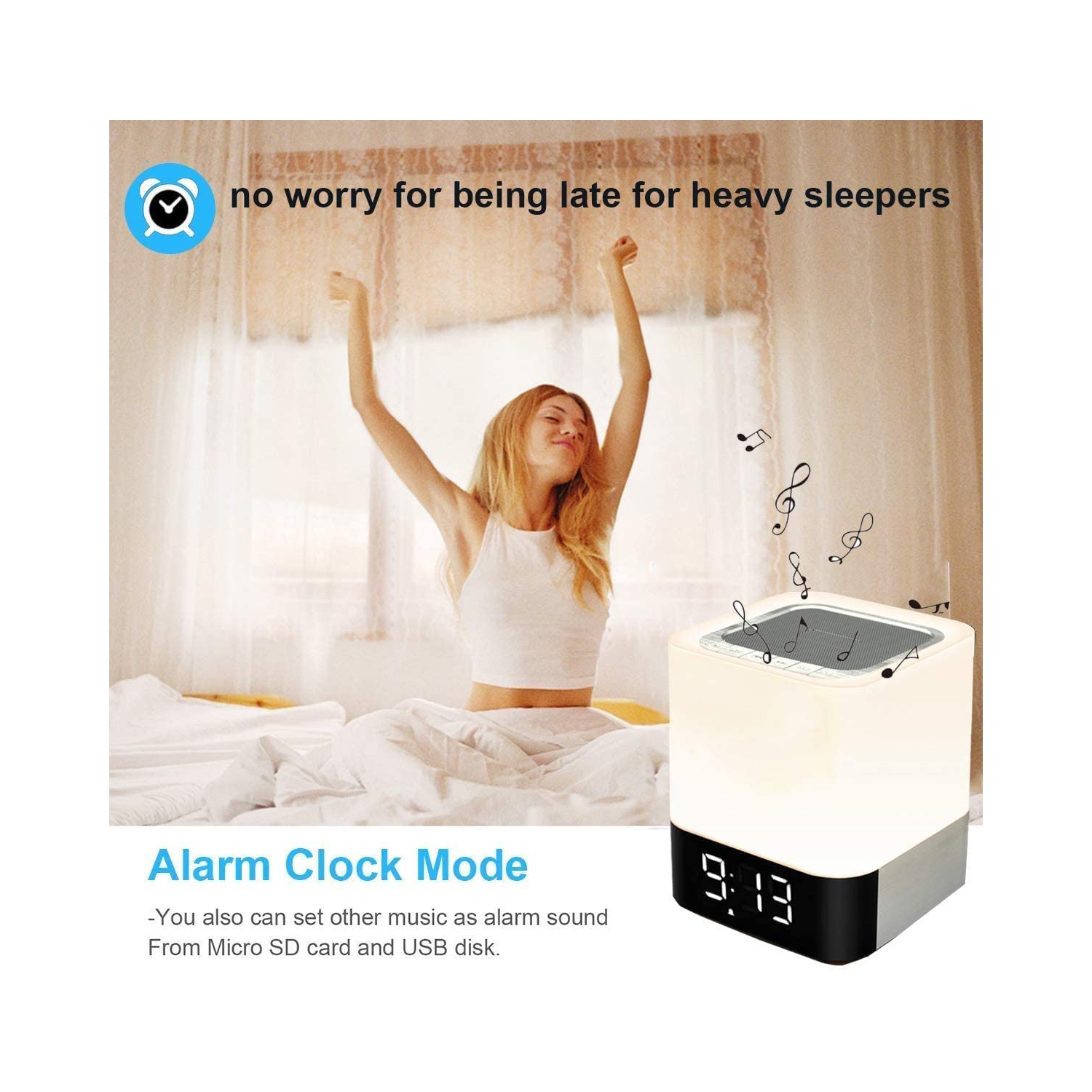 Lampe haut-parleur Bluetooth 5 en 1, veilleuse tactile LED, haut-parleur portatif sans fil Lampe de chevet à couleur changeante, réveil