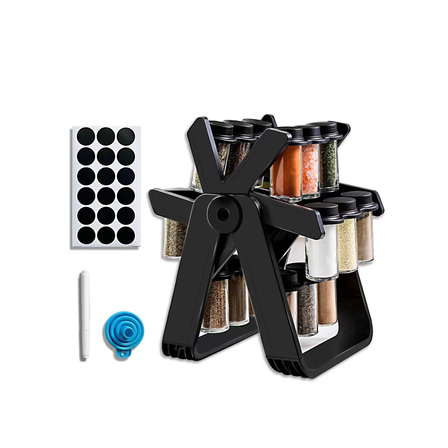 Support à épices pratique avec grande roue, 18 pots, étiquettes autocollantes