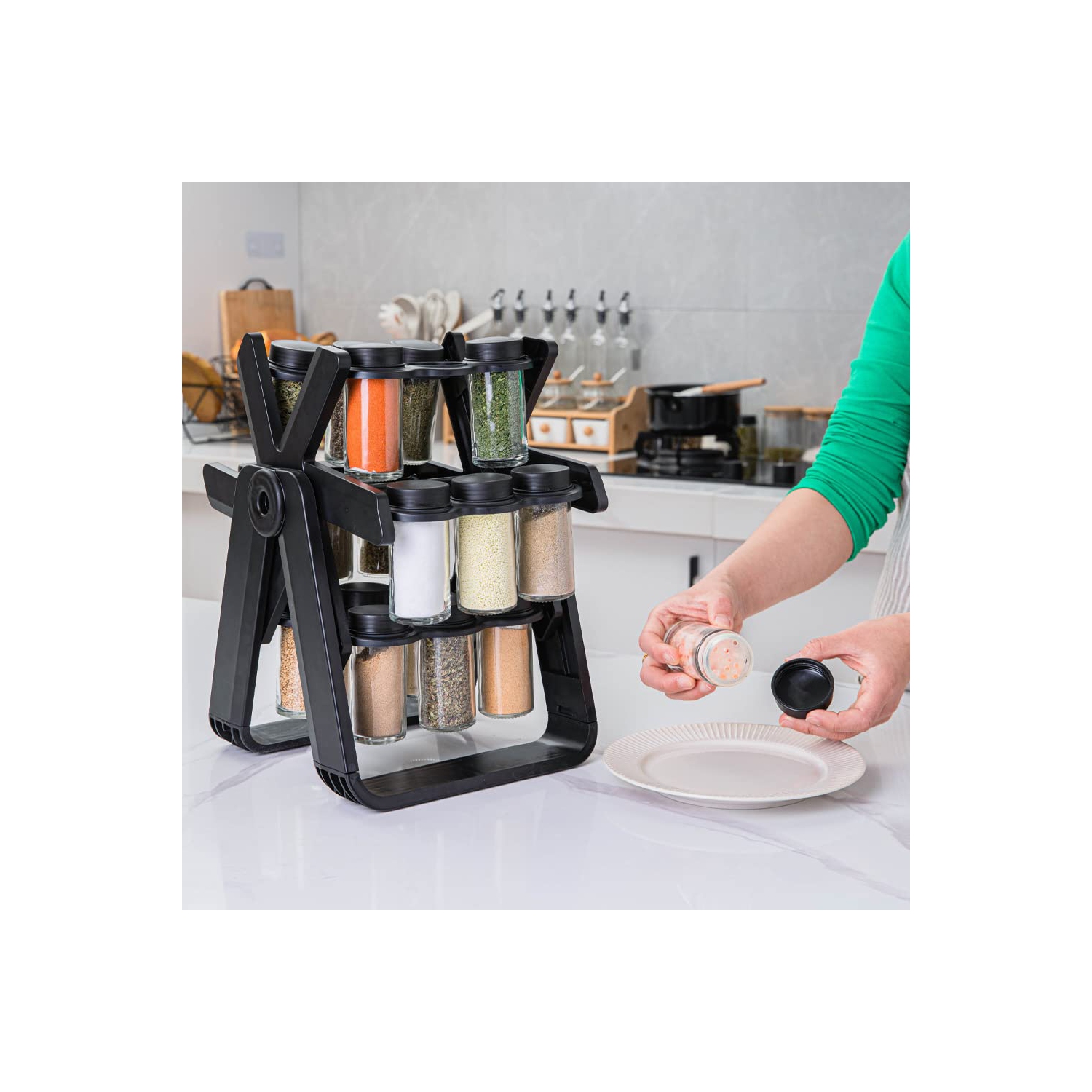 Support à épices pratique avec grande roue, 18 pots, étiquettes autocollantes