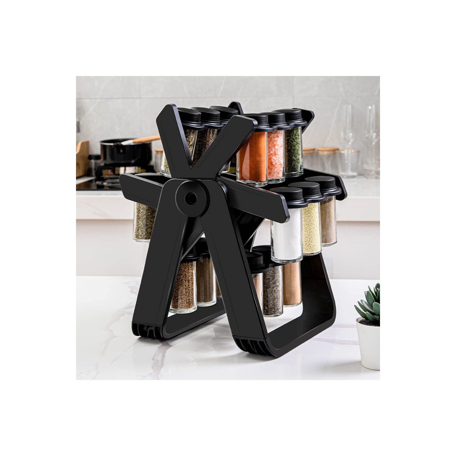 Support à épices pratique avec grande roue, 18 pots, étiquettes autocollantes