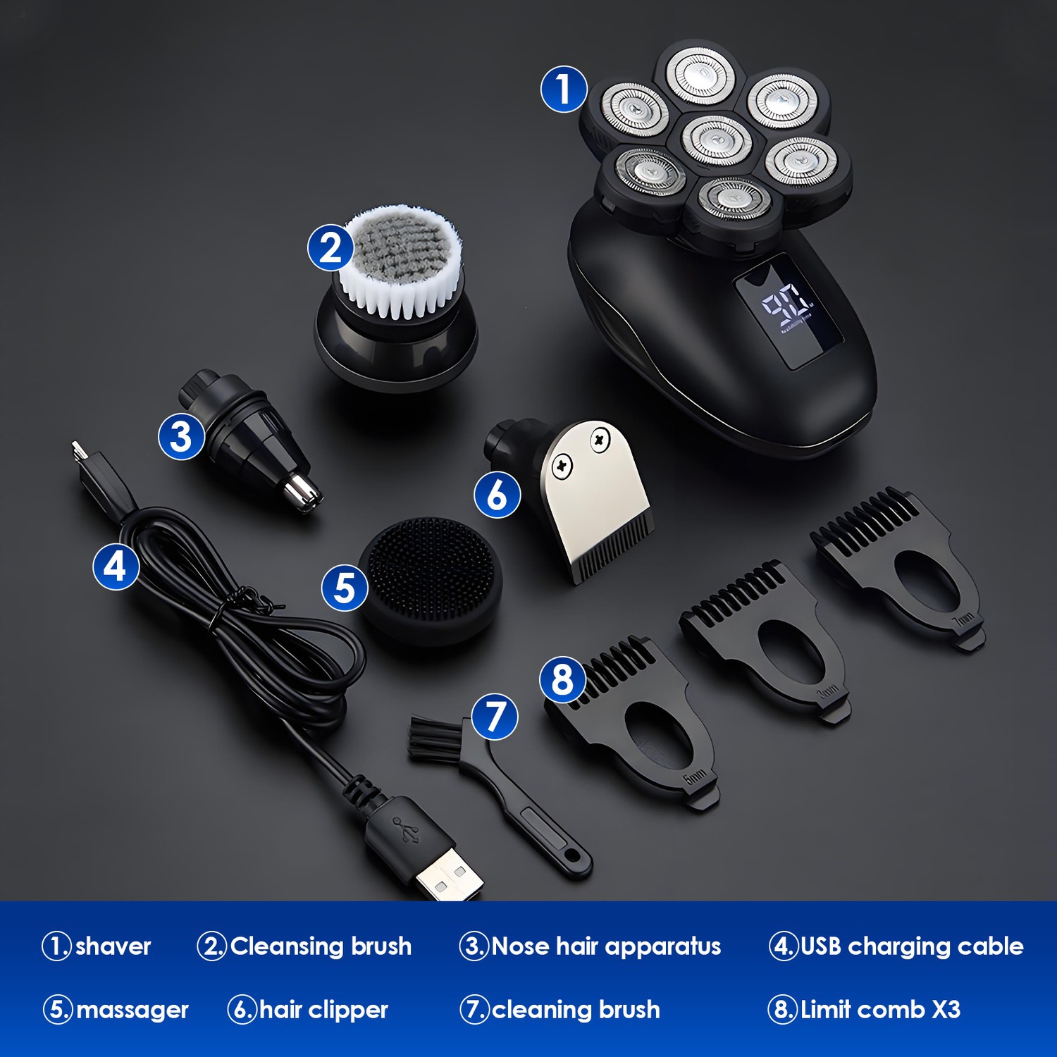 5 in 1 Electric Shaver for Men-Bald Head, Beard Trimmer, Nose Hair, Grooming Kit