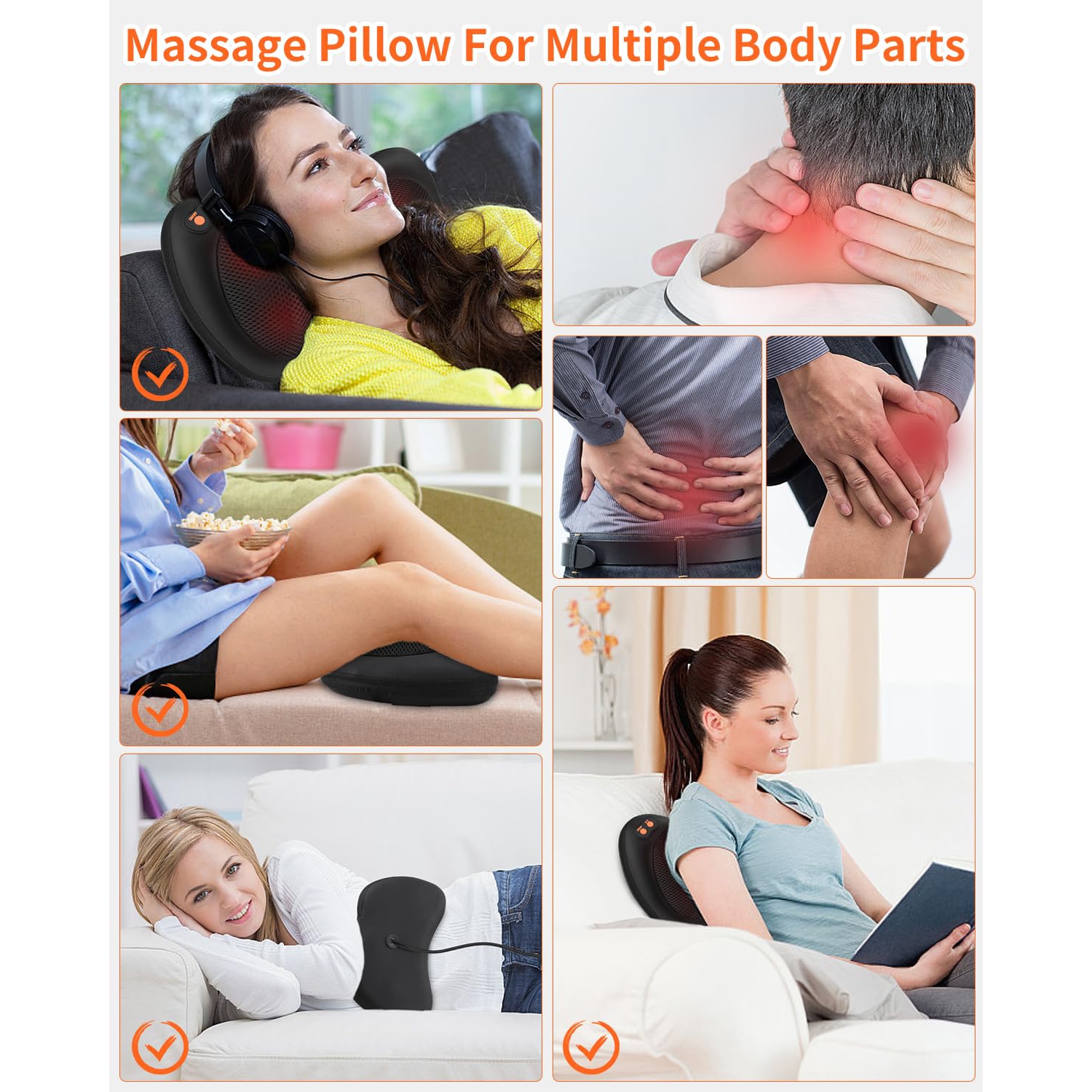 Shiatsu Back and Neck Massager Cordless Rechargeable 3D Kneading Massage Pillow with Heat for Muscle Pain Relief