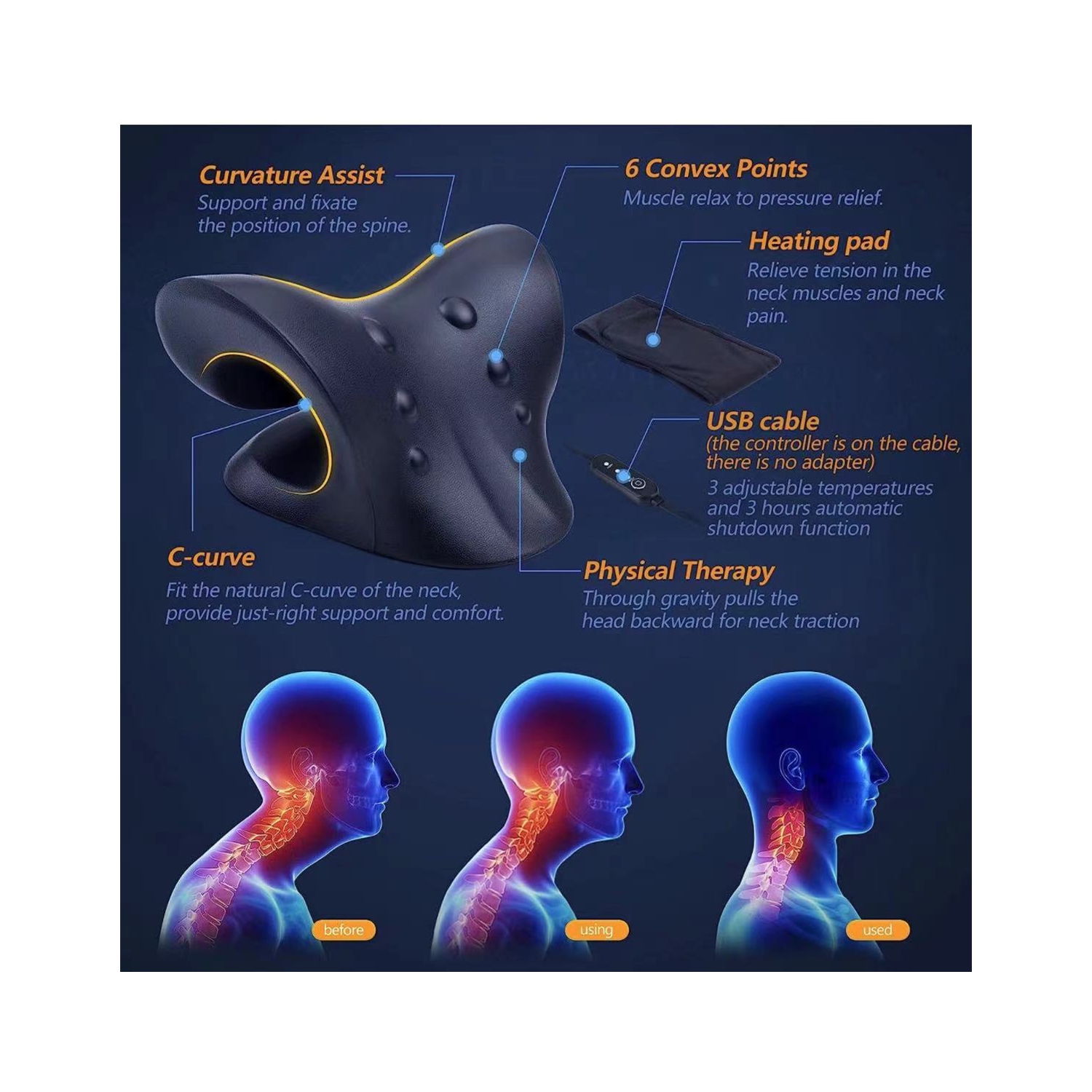 Oreiller chauffant pour dispositif de traction cervicale avec coussin chauffant en graphène, réducteur pour le cou et les épaules pour alignement