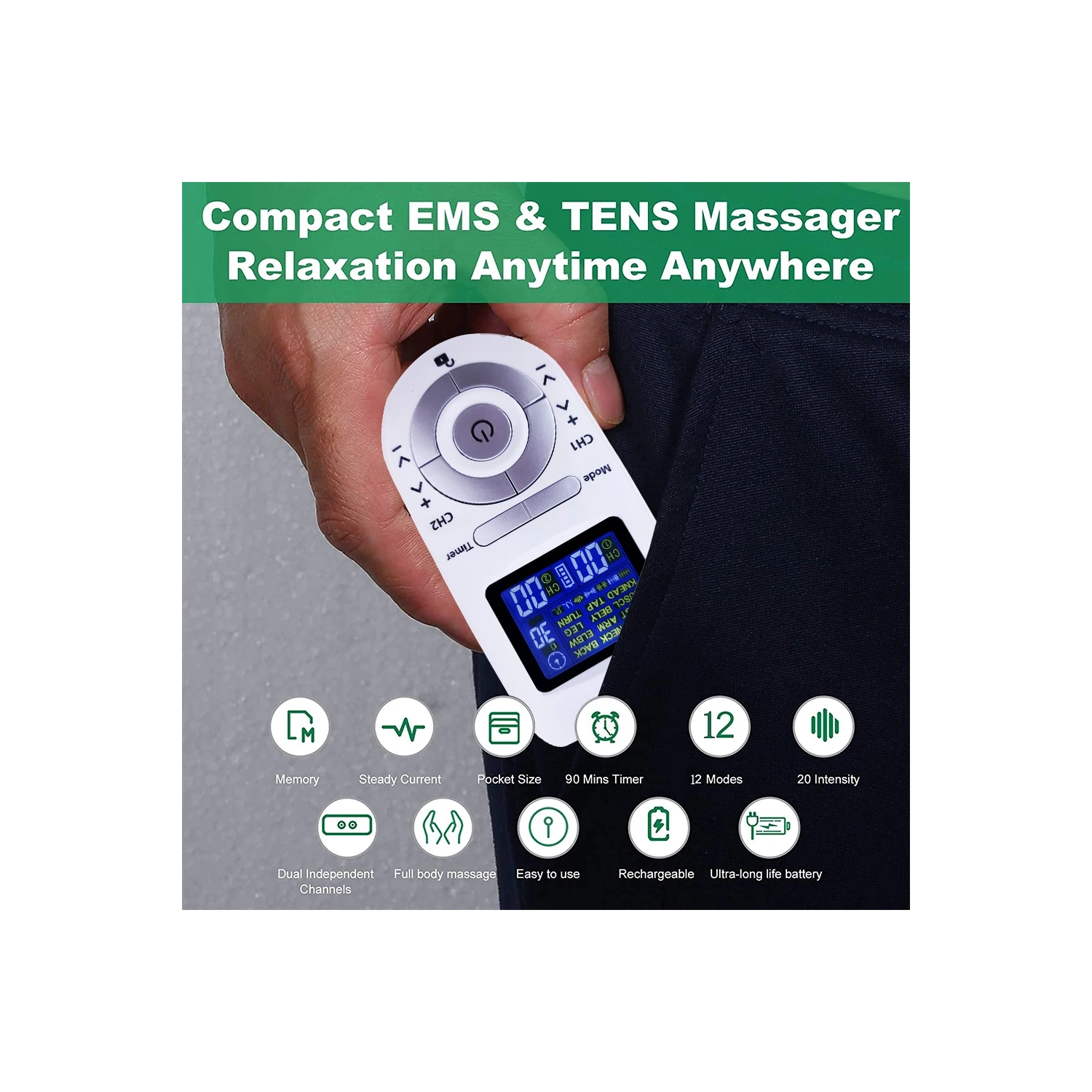 Tens Machine 12 Modes Electric Body Pulse Massager Digital Therapy Machine EMS Muscle Stimulator with Electrodes Pads Tens Unit