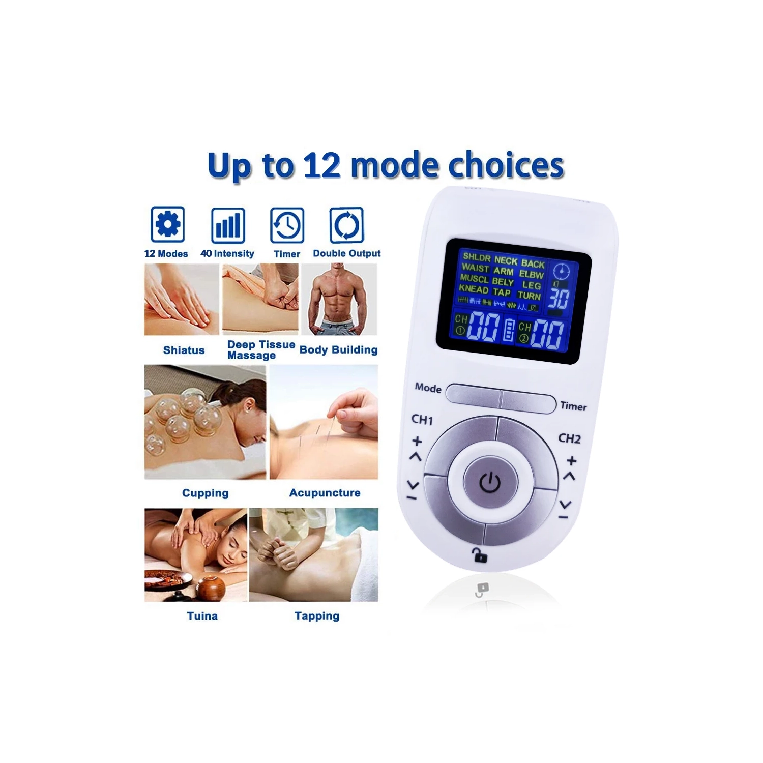 Tens Machine 12 Modes Electric Body Pulse Massager Digital Therapy Machine EMS Muscle Stimulator with Electrodes Pads Tens Unit