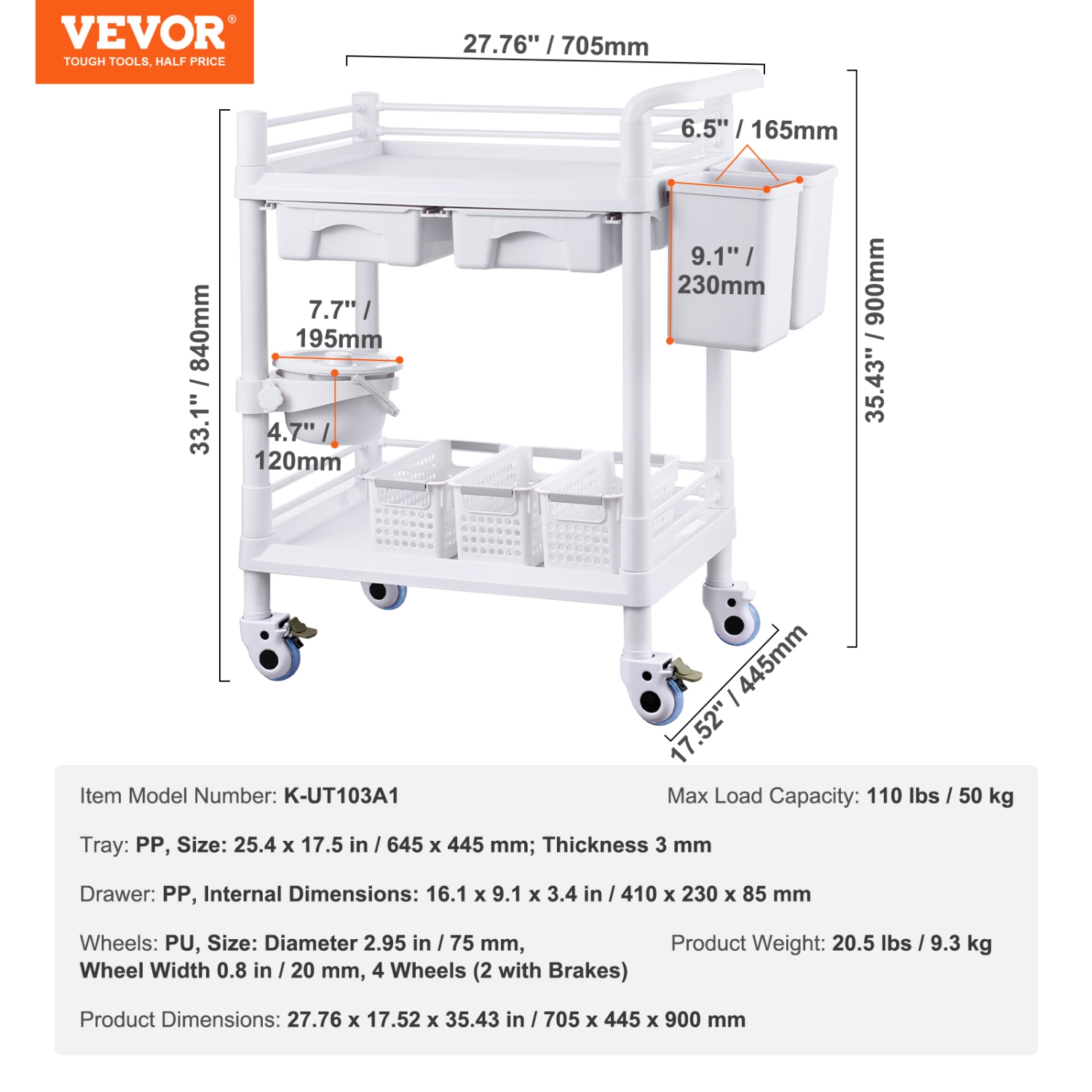 VEVOR 2 Tiers Lab Carts, Lab Utility Cart with 2 Trays, 2 Drawers & 4 Silent Wheels, Mobile Medical Cart with PP Material, Lab Rolling Cart with 3