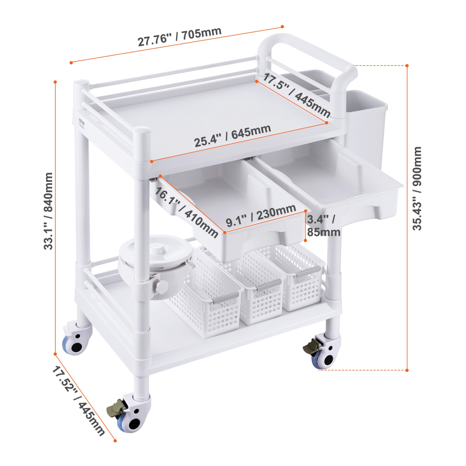 VEVOR 2 Tiers Lab Carts, Lab Utility Cart with 2 Trays, 2 Drawers & 4 Silent Wheels, Mobile Medical Cart with PP Material, Lab Rolling Cart with 3