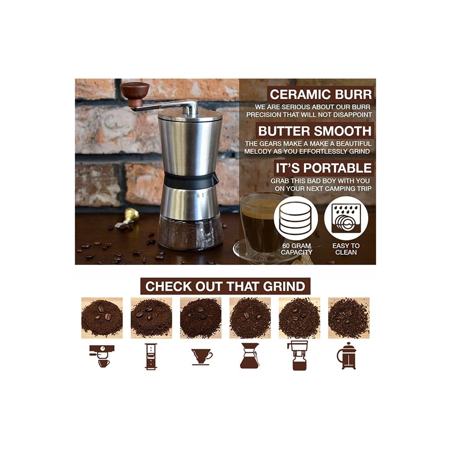 Moulin à café en céramique en acier inoxydable Moulin à café manuel avec moulin en céramique