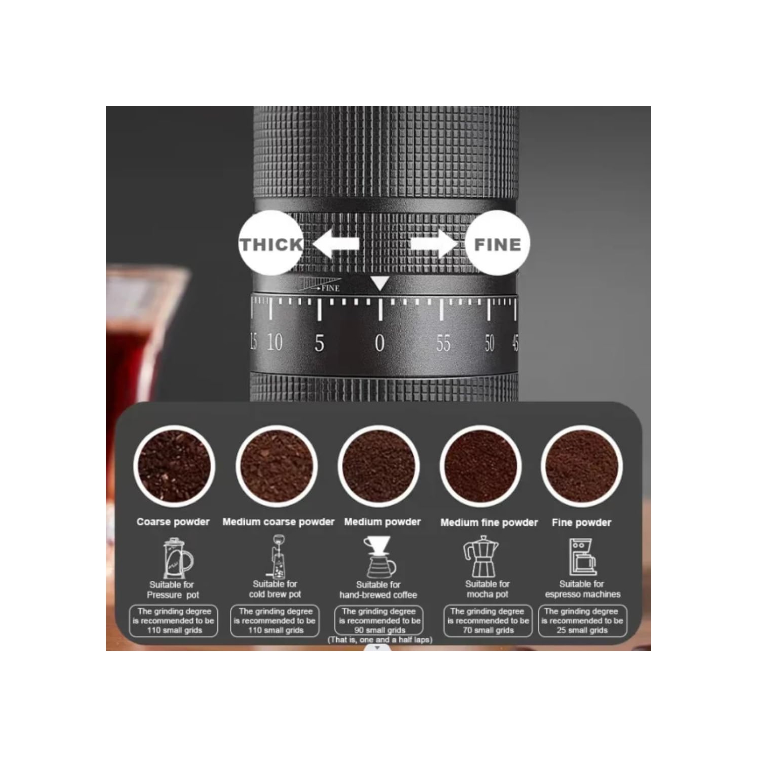 Manual Coffee Grinder, 28g Capacity, CNC Stainless Steel, Conical Burrs, Externally Adjustable Settings, 6 Stars