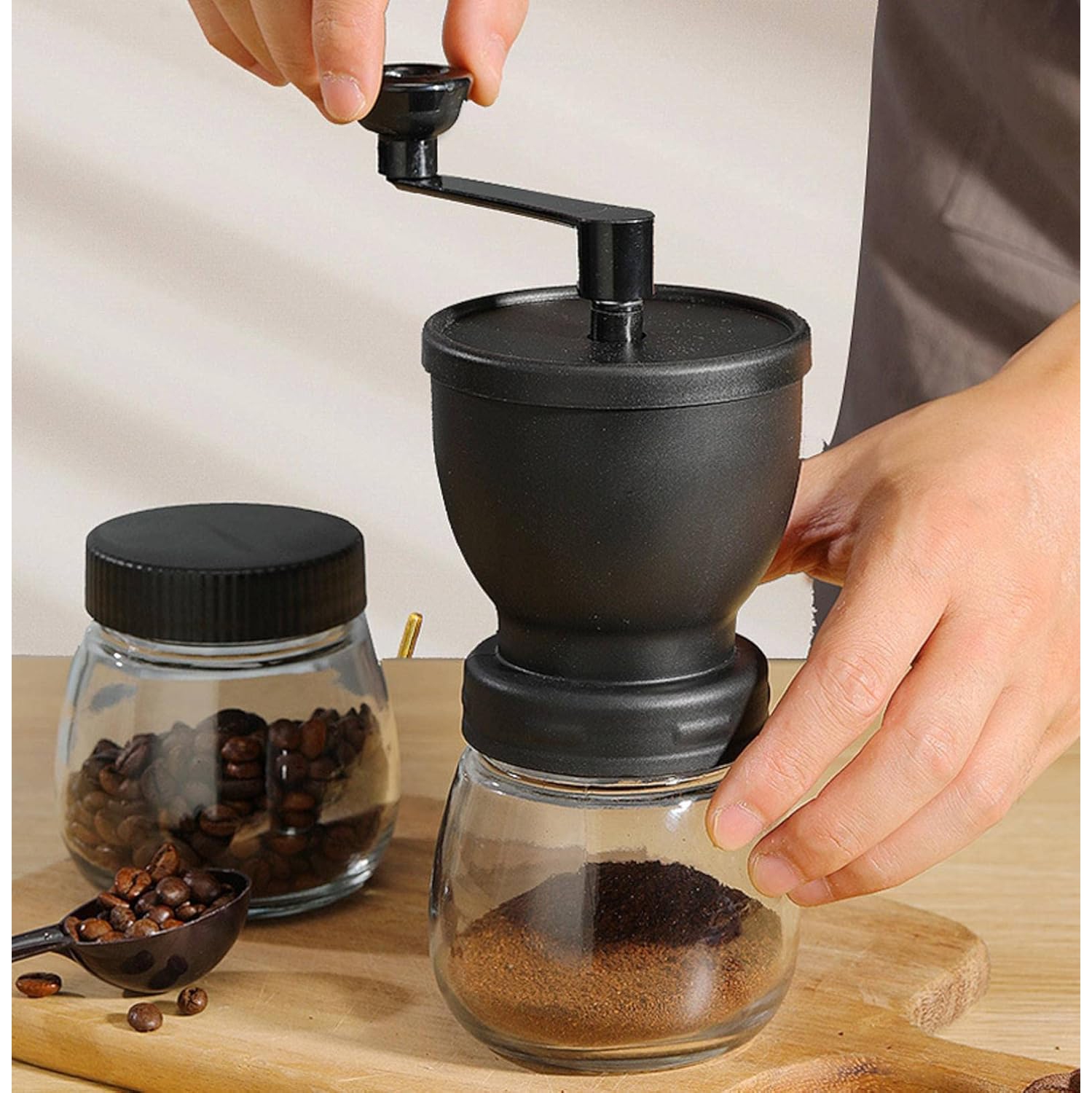 Small Manual Coffee Grinder Conical Burr Grinder Portable Manual Grinder Hand Crank Coffee Grinder for Camping Outdoor Kitchen Bar - Double Jar Black