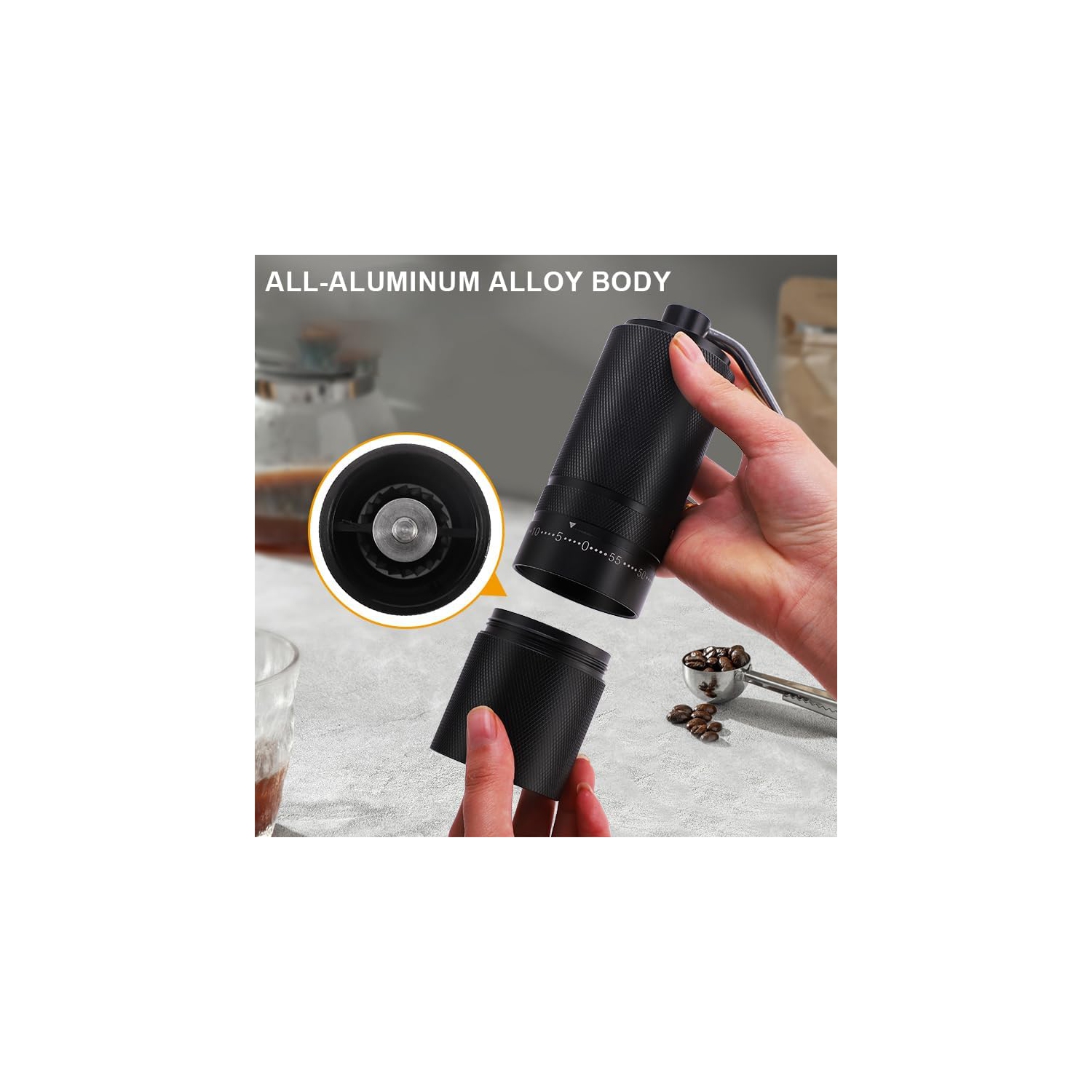 Manual Coffee Grinder, 28g Capacity, CNC Stainless Steel, Conical Burrs, Externally Adjustable Settings, Seven Stars