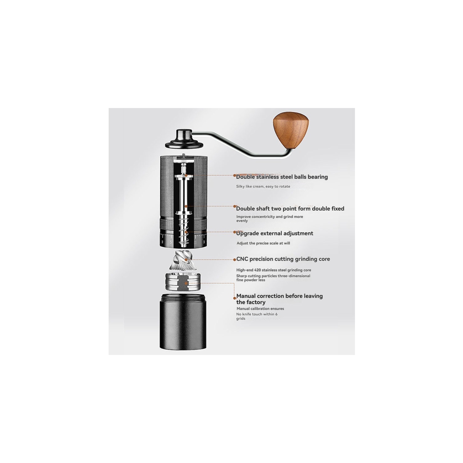Manual Coffee Grinder, 28g Capacity, CNC Stainless Steel, Conical Burrs, Externally Adjustable Settings, Seven Stars