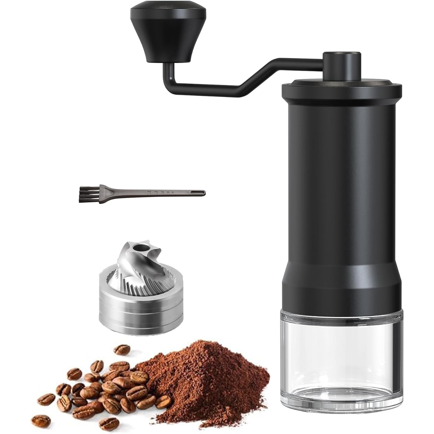 Manual coffee grinder, stainless steel conical burr coffee grinder with adjustable settings, glass box for visible powder, portable coffee grinder