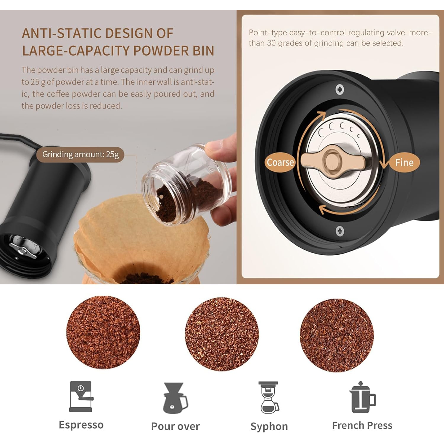 Manual coffee grinder, stainless steel conical burr coffee grinder with adjustable settings, glass box for visible powder, portable coffee grinder