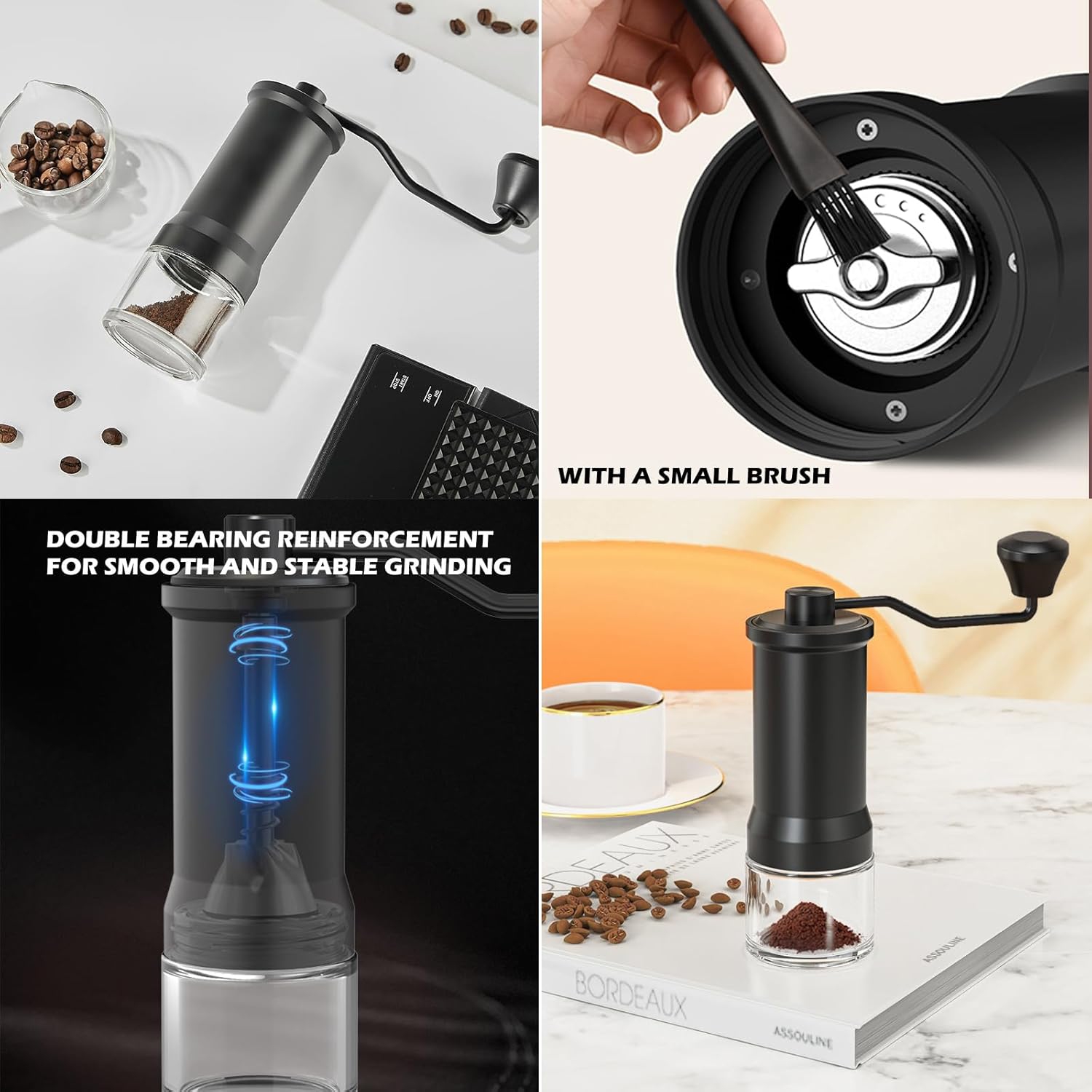 Manual coffee grinder, stainless steel conical burr coffee grinder with adjustable settings, glass box for visible powder, portable coffee grinder