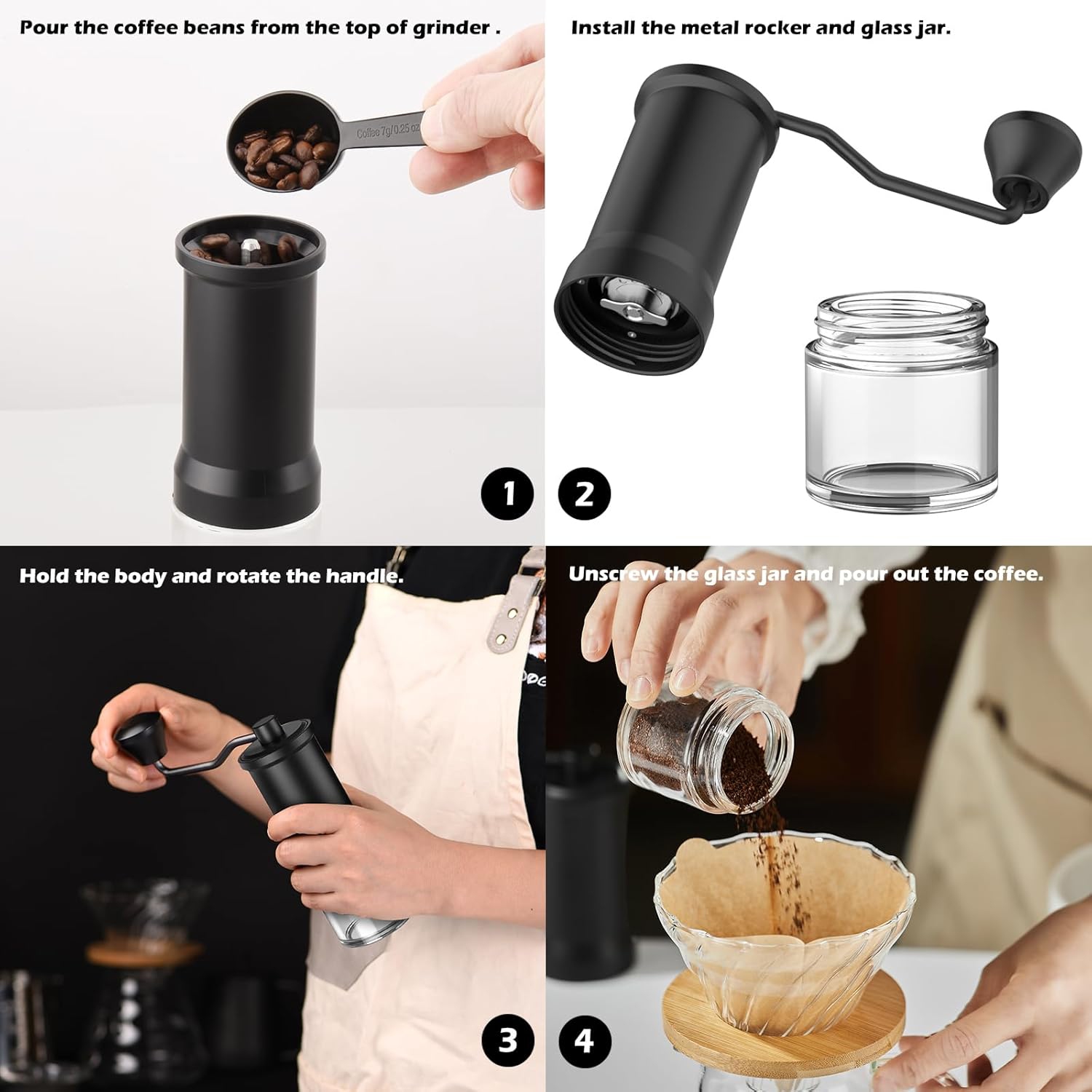 Manual coffee grinder, stainless steel conical burr coffee grinder with adjustable settings, glass box for visible powder, portable coffee grinder