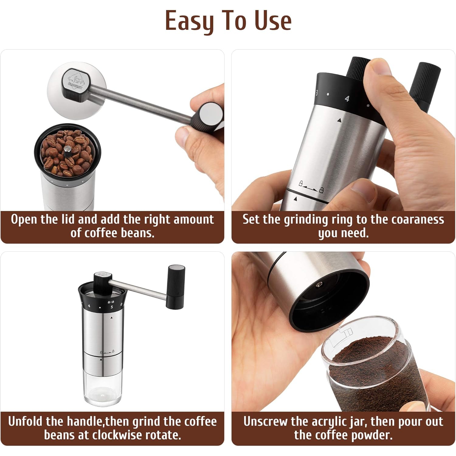Moulin à café manuel réglable à 5 réglages de mouture Moulin à café portatif portatif portatif portatif avec meules en céramique Acier inoxydable et
