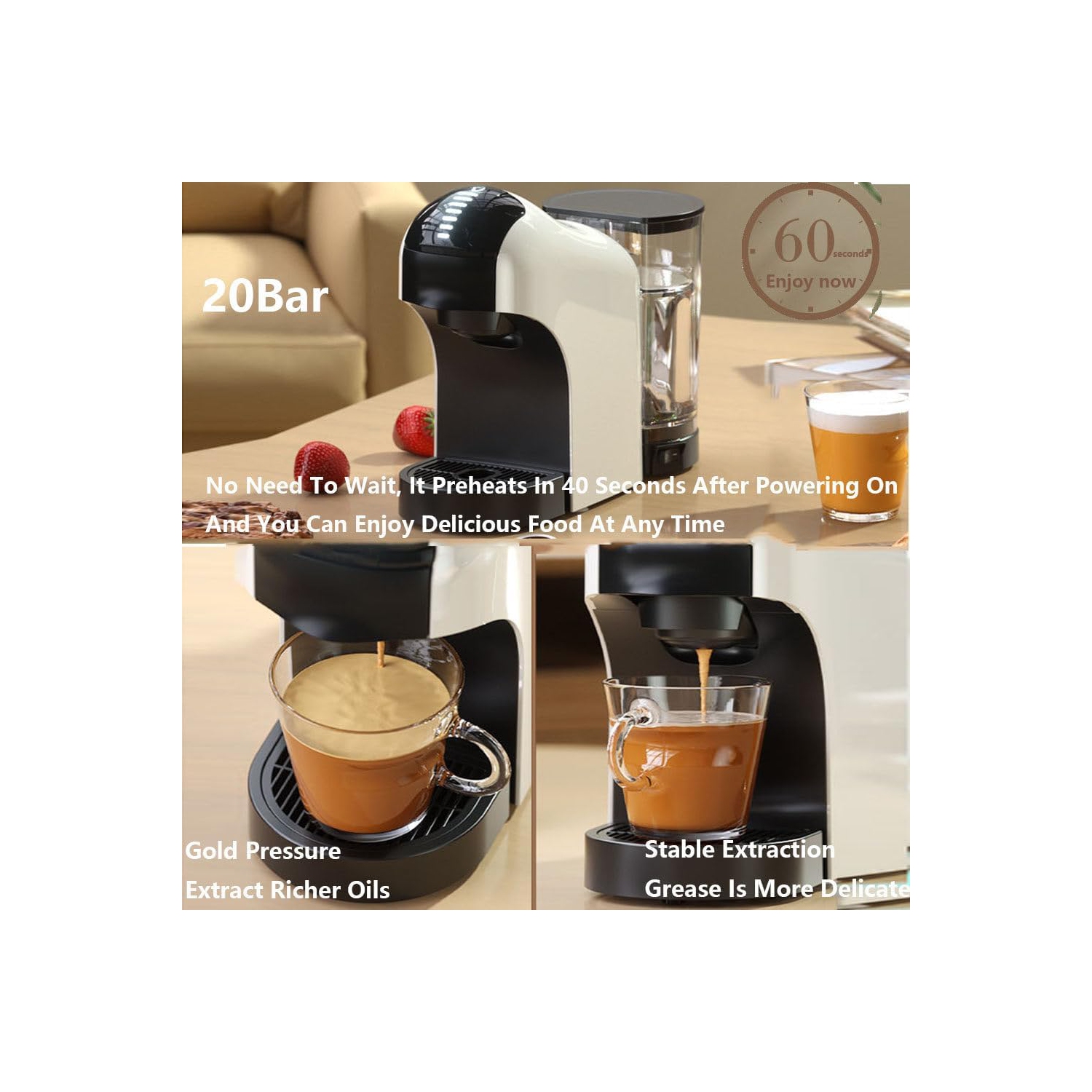 Espresso machine, single cup coffee machine, capsule coffee machine with removable water tank, home cappuccino and latte machine, white