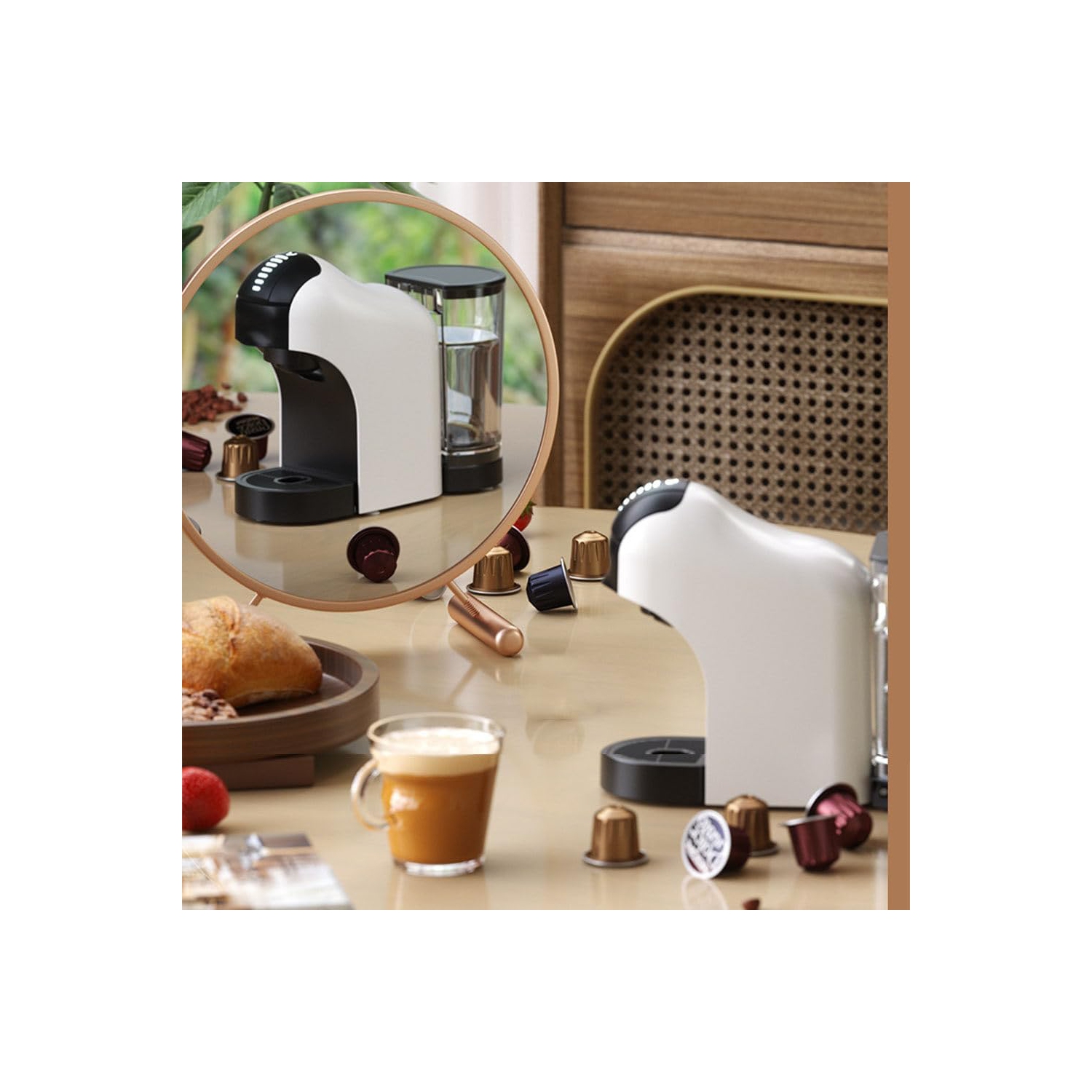 Espresso machine, single cup coffee machine, capsule coffee machine with removable water tank, home cappuccino and latte machine, white