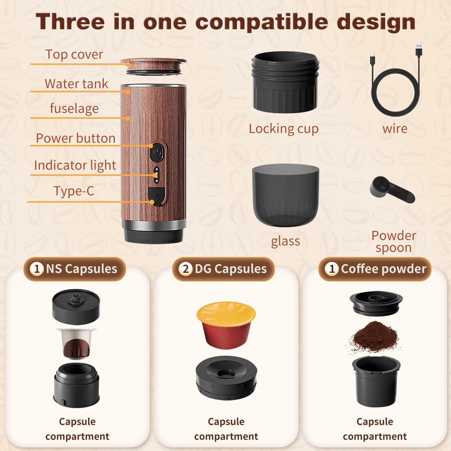 Mini cafetière avec radiateur, cafetière portative 3 en 1 avec pompe pour capsules NS/DG et poudre de café, idéale pour les voyages, le camping et la