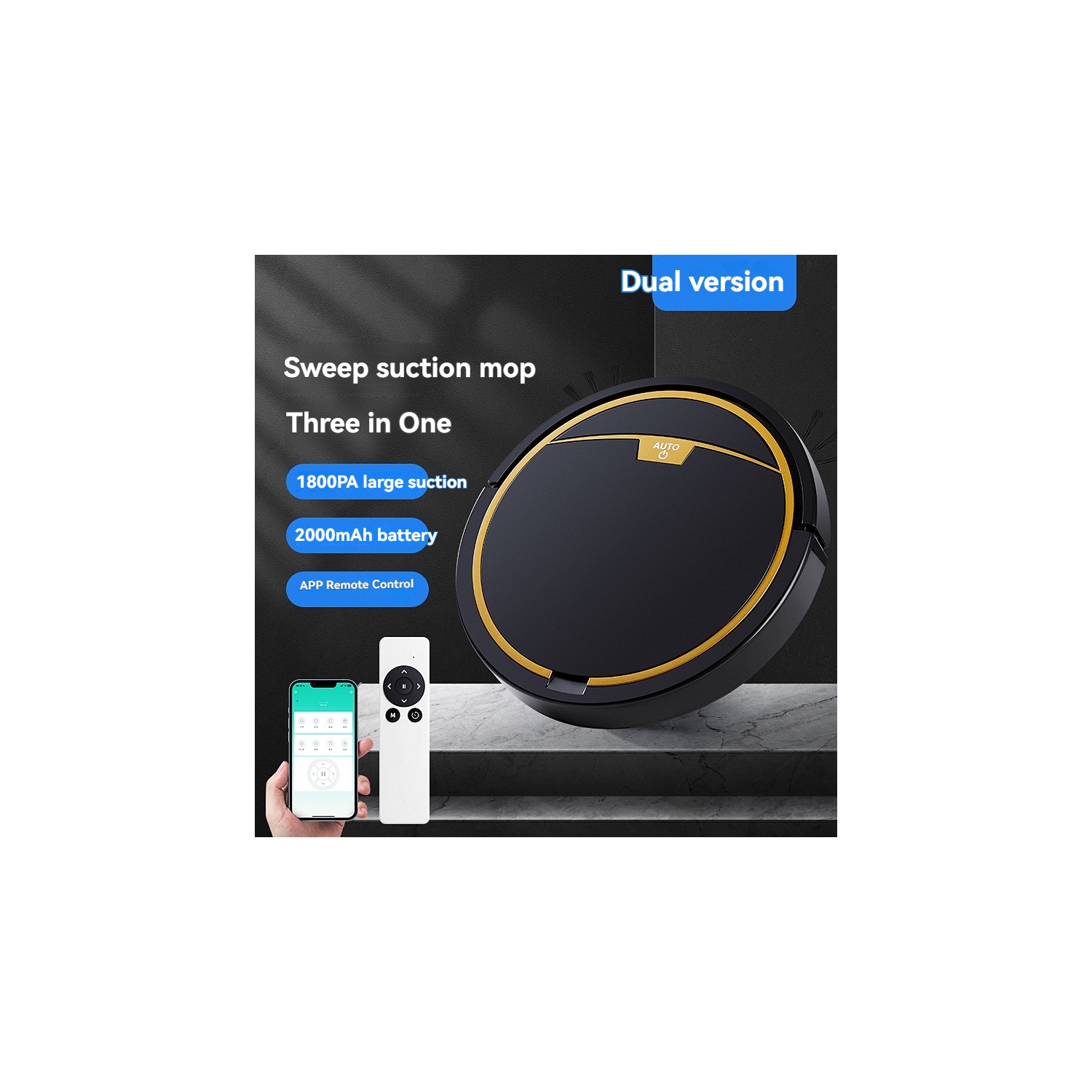 Smart sweeping robot - 1800Pa strong suction, three-in-one, sweeping and mopping, APP + remote control, automatic mopping, ultra-thin body（black）