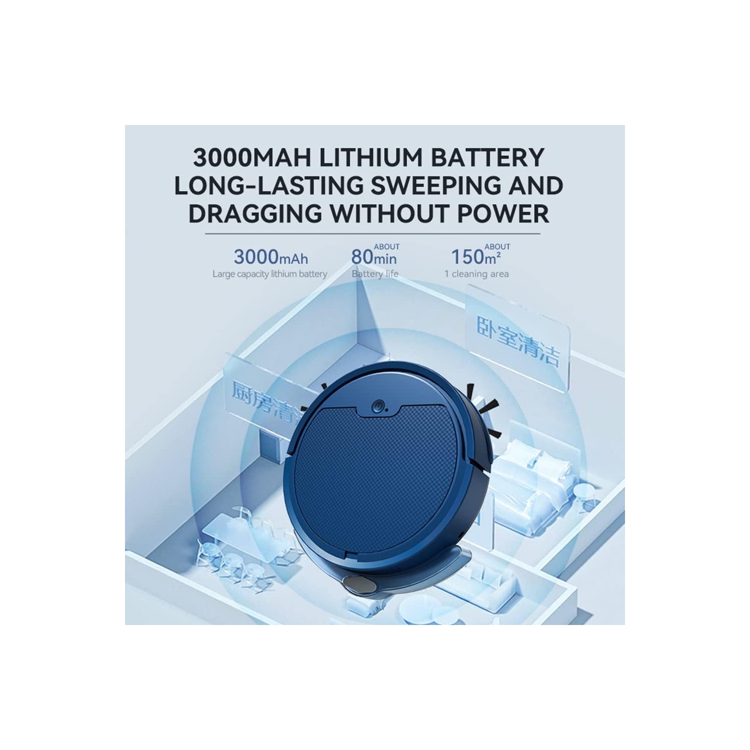 Aspirateur robot à aspiration puissante de 1800Pa, 6,8 cm mince, capteurs antichute, batterie longue durée, nettoyage efficace de la maison