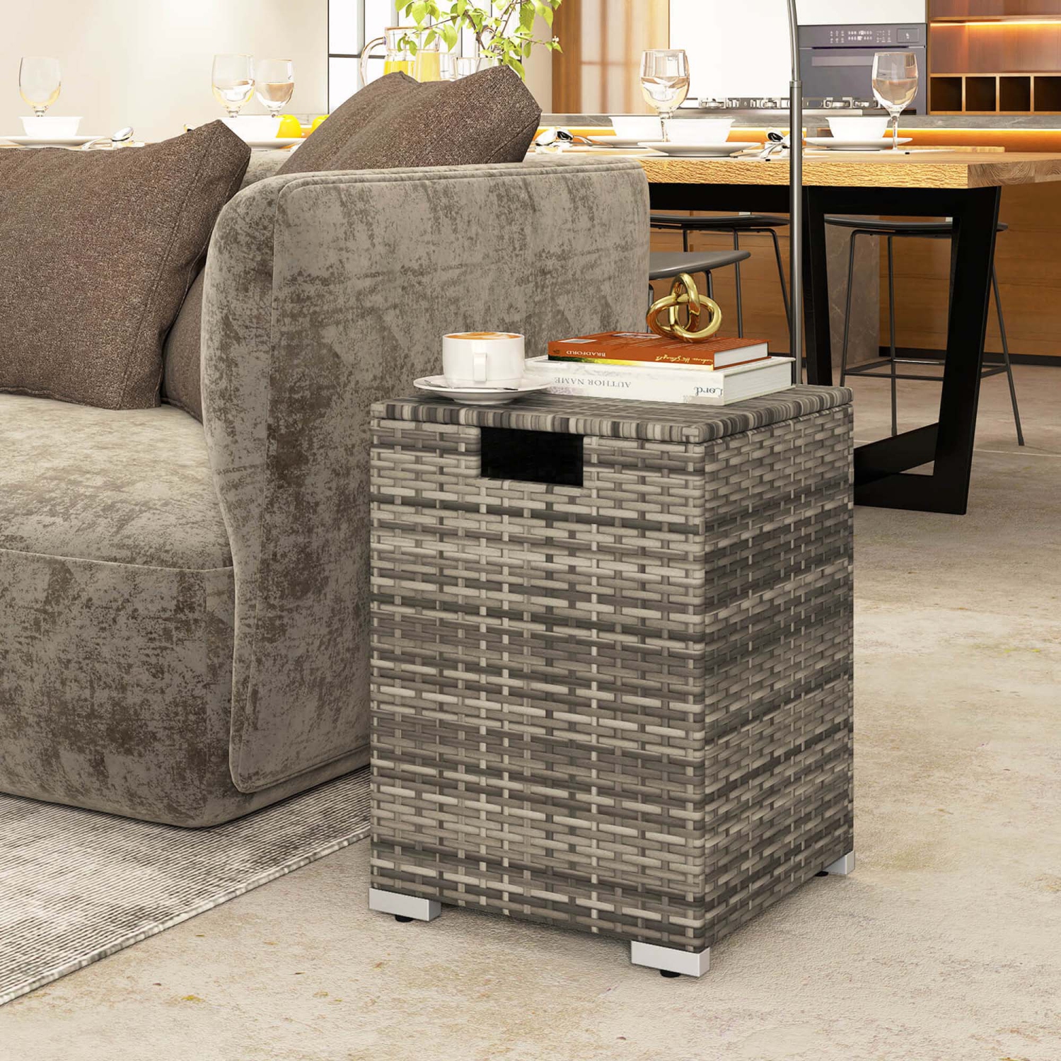 Housse de réservoir de propane en rotin de 16&nbsp;po de Costway Table d'appoint escamotable 20&nbsp;lb Porte-gaz propane gris/brun