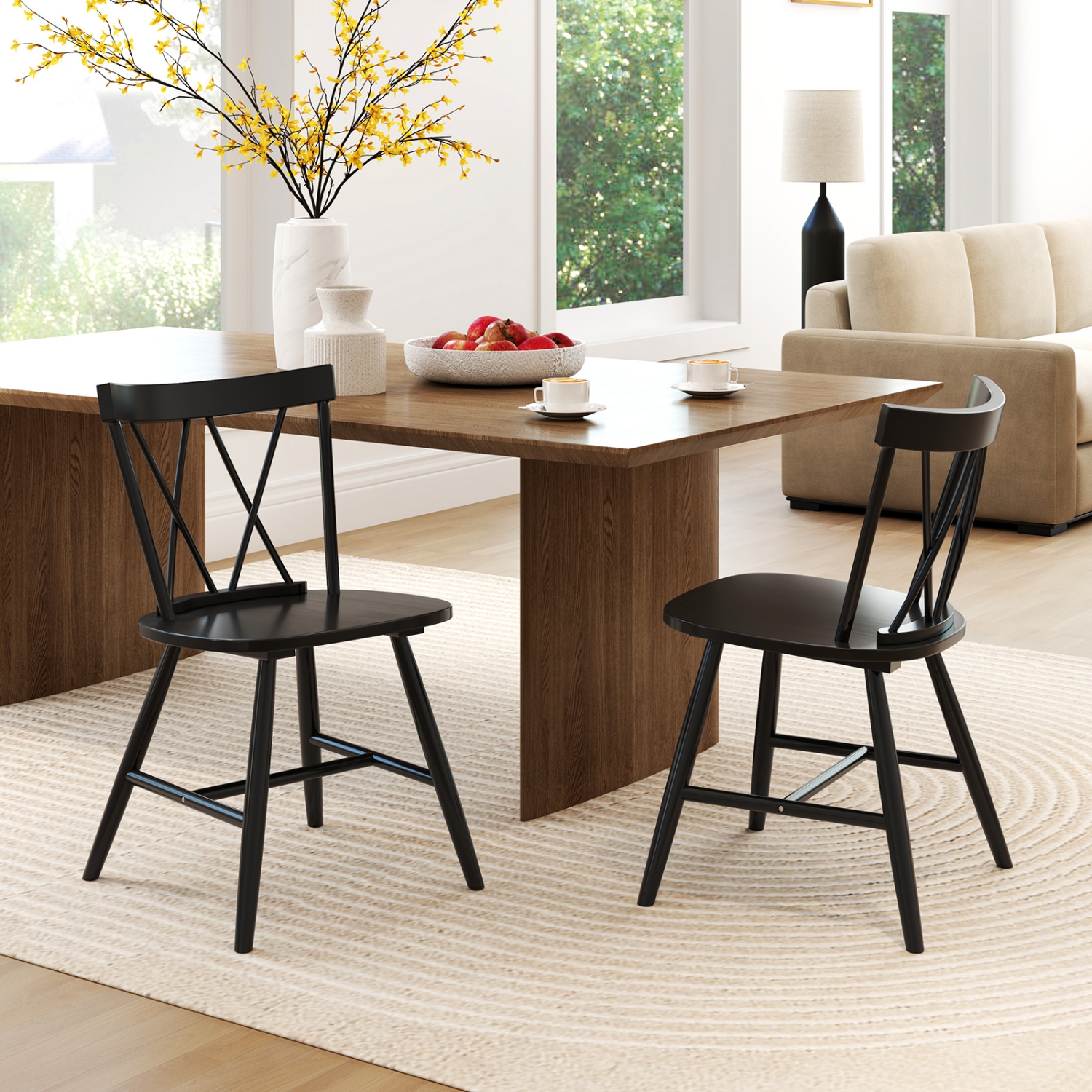 Costway Dining Chairs Set of 2/4 Farmhouse Kitchen Chair with Rubber Wood Frame Black/Natural